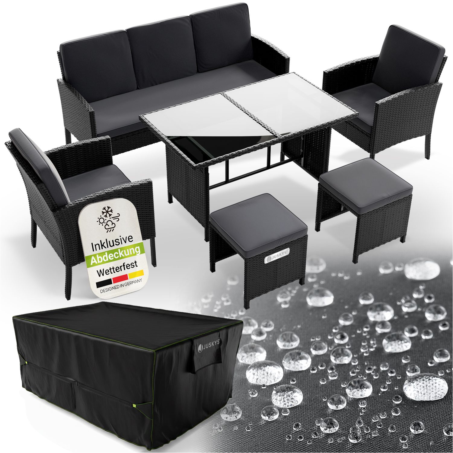 Juskys Polyrattan Gartenm&ouml;bel Sitzgruppe Turin Set 6 teilig inkl. Abdeckung - Outdoor M&ouml;bel mit Tisch - Schwarz - Bild 1