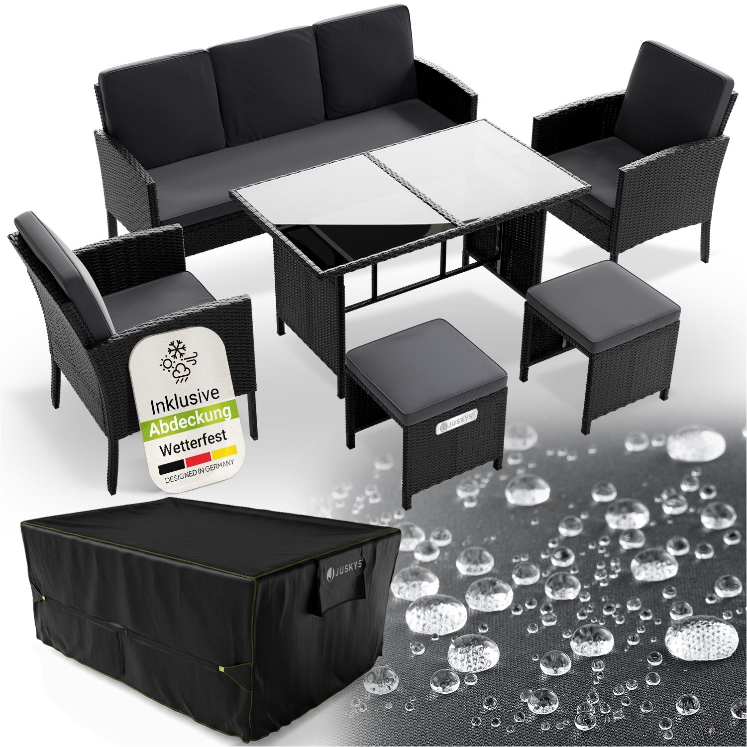 Juskys Polyrattan Gartenmöbel Sitzgruppe Turin Set 6 teilig inkl. Abdeckung – Outdoor Möbel mit Tisch – Schwarz | 04262437188065