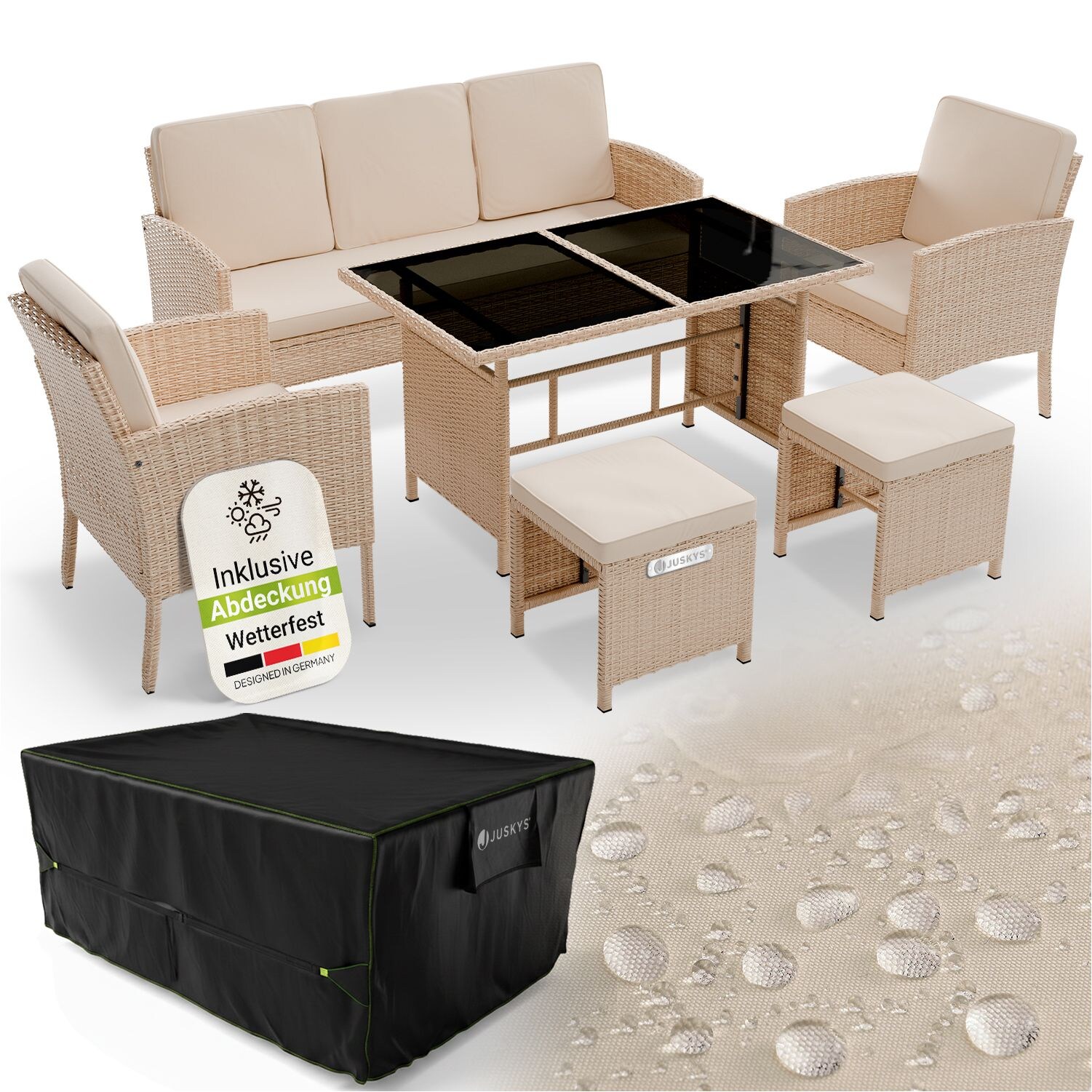 Juskys Polyrattan Gartenmöbel Sitzgruppe Turin Set 6 teilig inkl. Abdeckung – Outdoor Möbel mit Tisch – Lounge Creme | 04262437188072