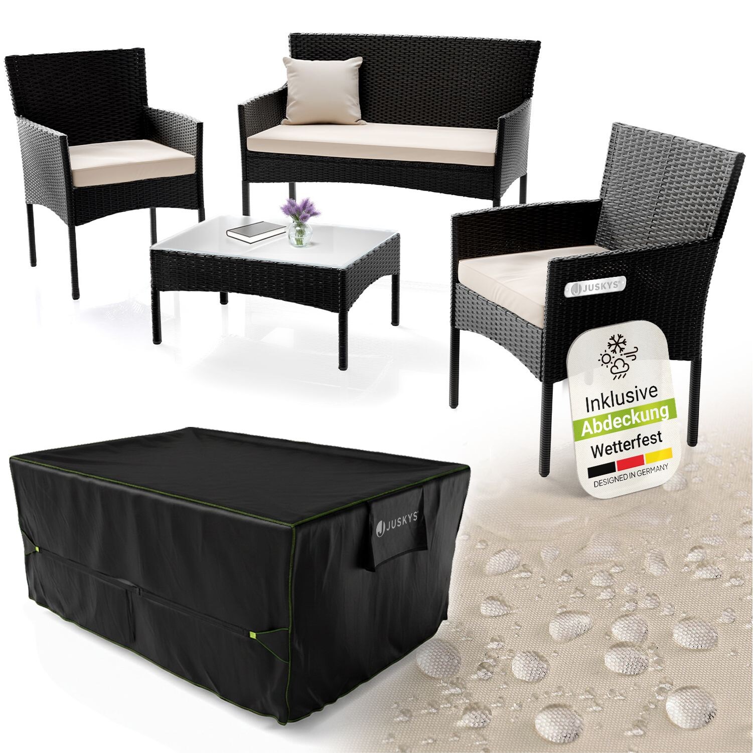 Juskys Polyrattan Gartenmöbel-Set Fort Myers schwarz mit Tisch, Sofa, 2 Stühle & Auflagen inkl. Abdeckung | 04262437188089