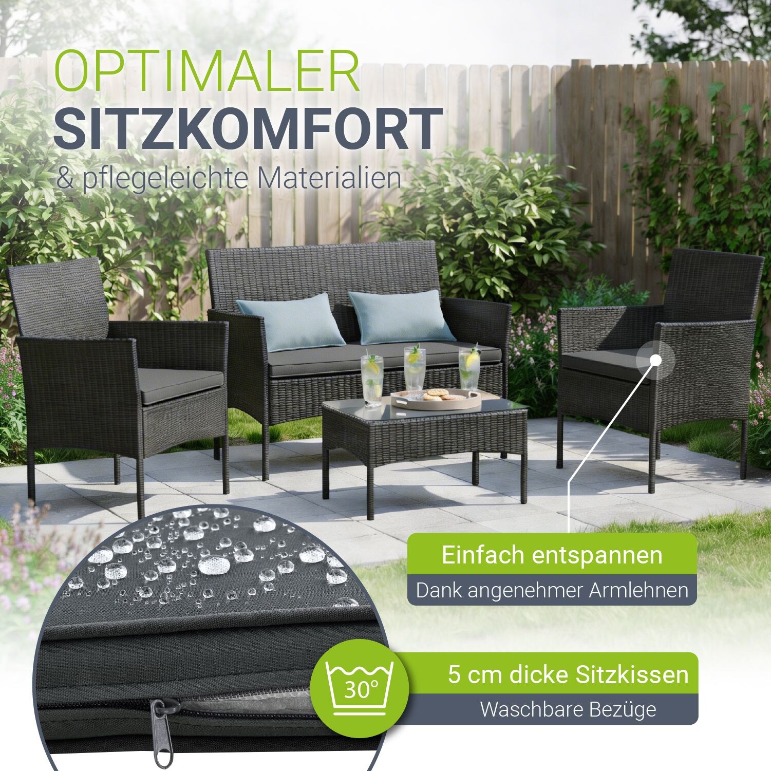 Juskys Polyrattan Gartenmöbel-Set Fort Myers schwarz mit Tisch, Sofa, 2 Stühle & Auflagen inkl. Abdeckung | 04262437188096
