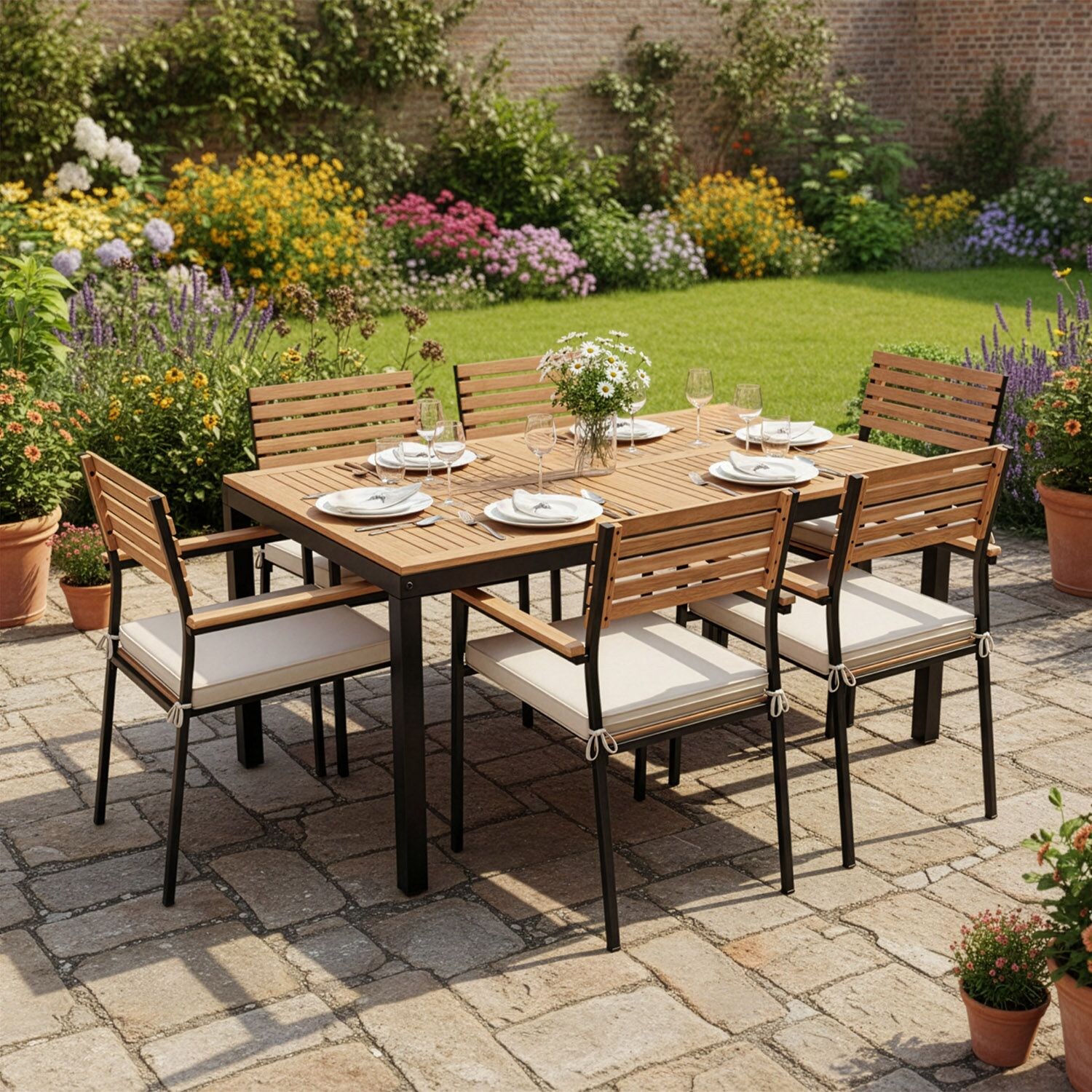 Juskys Akazienholz Gartengarnitur Rhodos - Tisch, 6 Stühle & Auflagen - Gartenmöbel Set - Holz Möbel