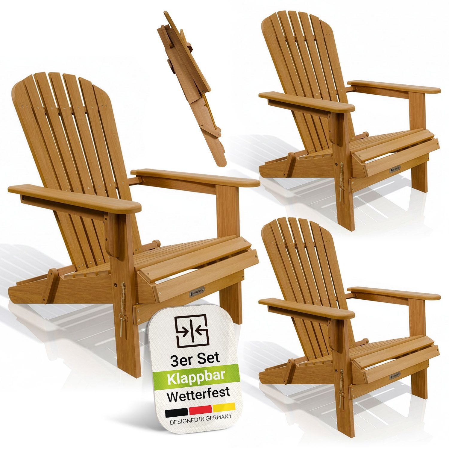 Juskys&reg; Garten Liegestuhl Korfu 3er Set &ndash; aus Akazienholz, klappbar, 85x69x94 cm, natur, ge&ouml;lt, Gartenstuhl, Sonnenliege - Bild 1