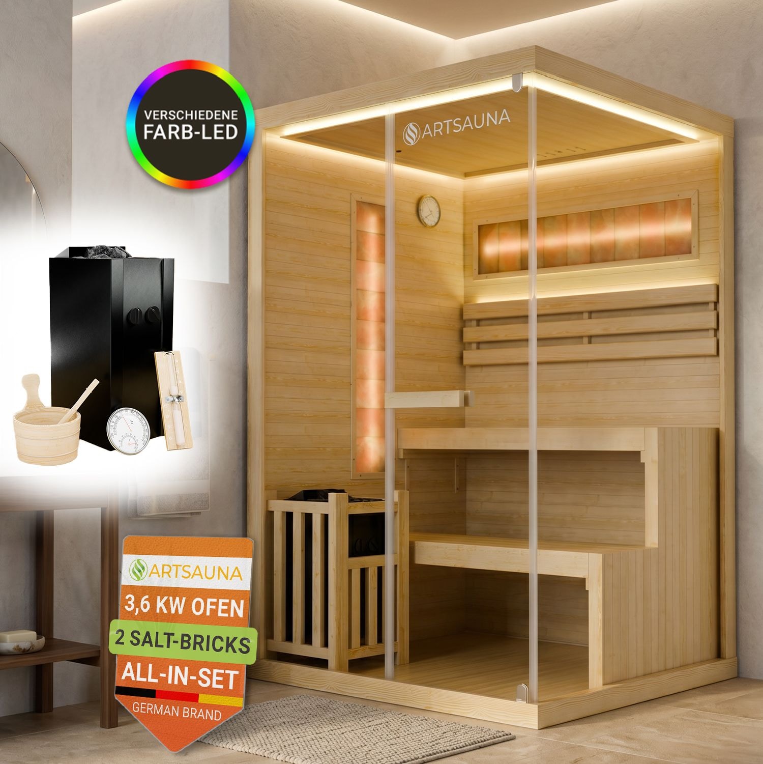 ARTSAUNA&reg; Traditionelle Sauna Vantaa natur - moderne Indoorsauna f&uuml;r 2 Personen, Hemlock Holz, Sicherheitsglas, RGB LED Beleuchtung mit Fernbedienung, Saunaofen 3,5 kW - Bild 1
