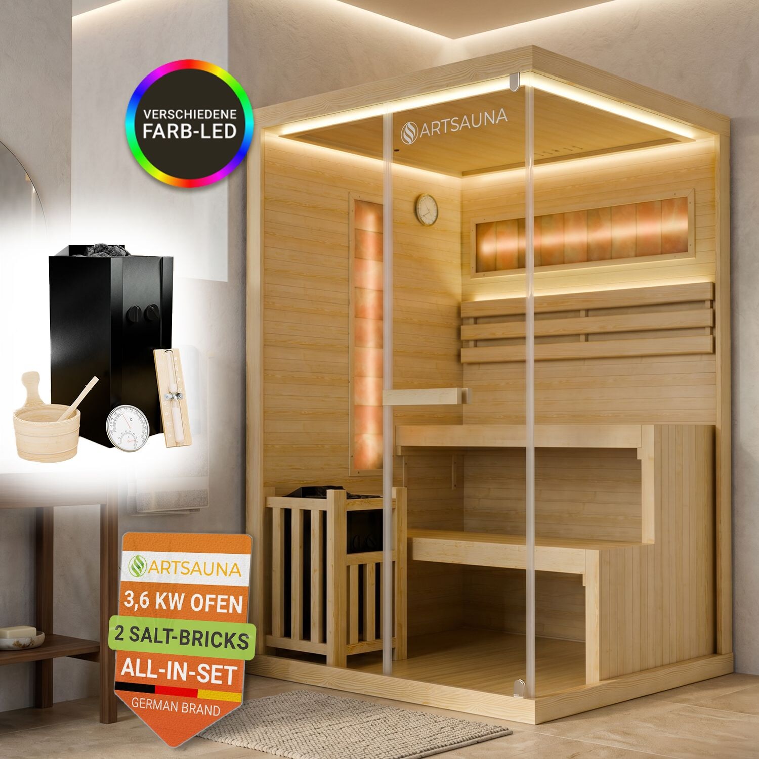 ARTSAUNA® Traditionelle Sauna Vantaa natur - moderne Indoorsauna für 2 Personen, Hemlock Holz, Sicherheitsglas, RGB LED Beleuchtung mit Fernbedienung, Saunaofen 3,5 kW