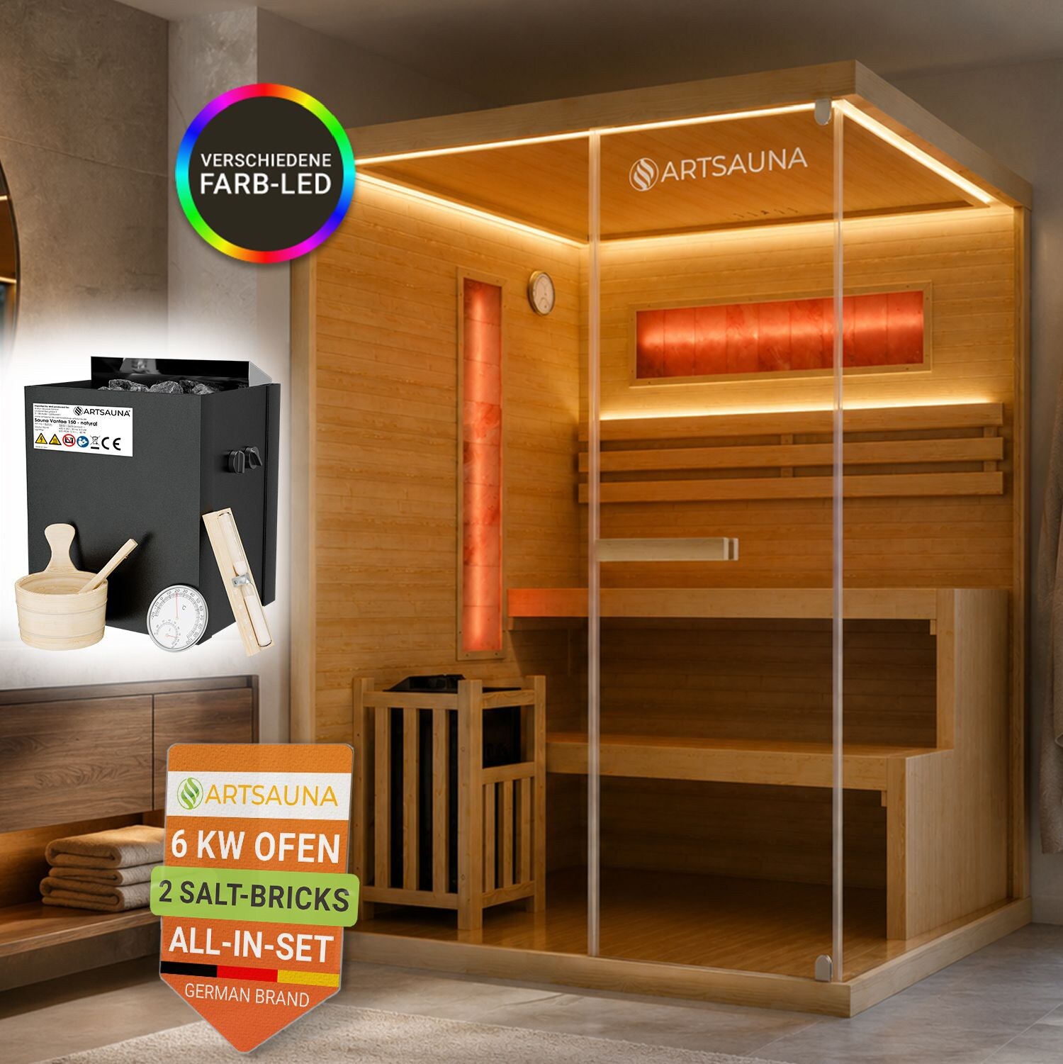 ARTSAUNA® Traditionelle Sauna Vantaa natur - moderne Indoorsauna für 3 Personen, Hemlock Holz, Sicherheitsglas, RGB LED Beleuchtung mit Fernbedienung, Saunaofen 6 kW