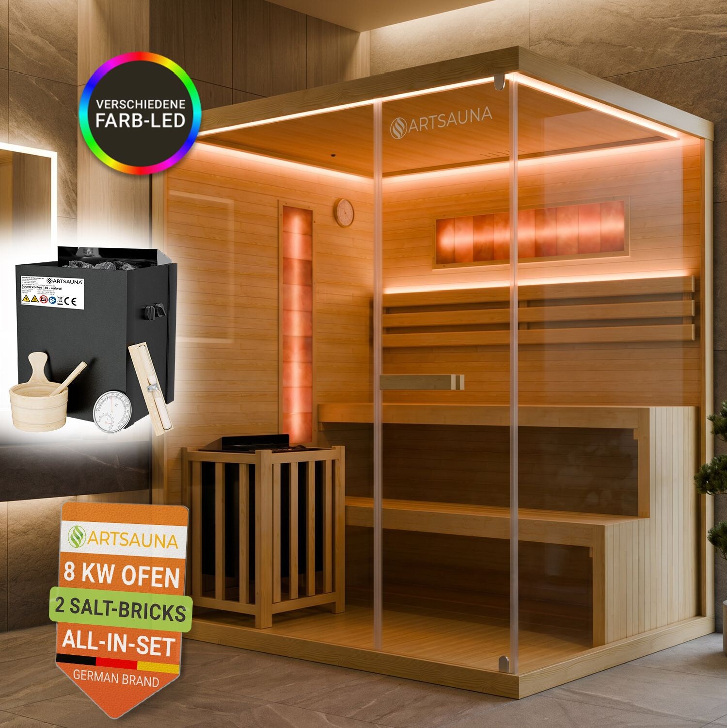 ARTSAUNA® Traditionelle Sauna Vantaa natur - moderne Indoorsauna für 4 Personen, Hemlock Holz, Sicherheitsglas, RGB LED Beleuchtung mit Fernbedienung, Saunaofen 8 kW
