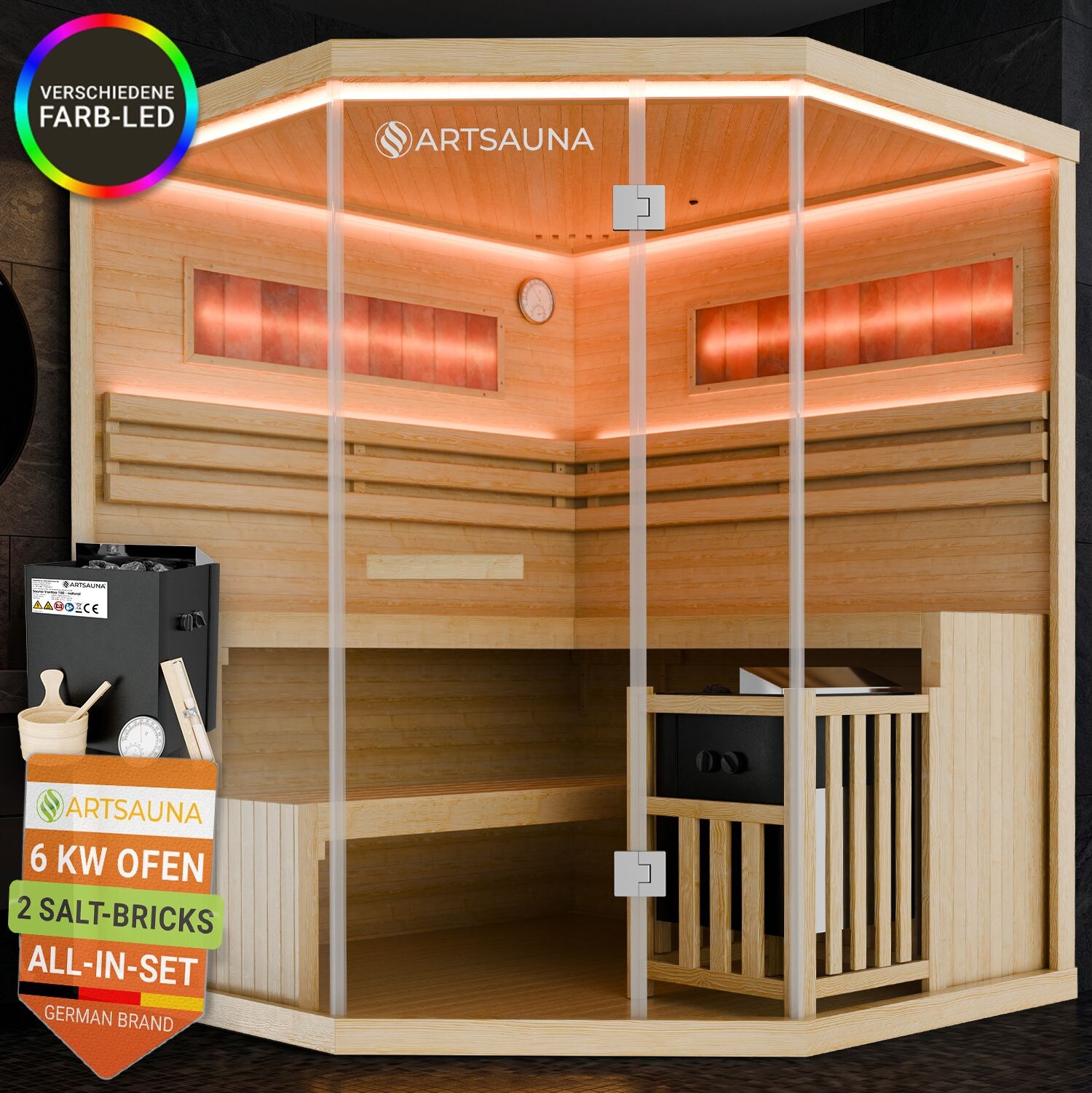 ARTSAUNA® Traditionelle Sauna Vantaa natur - moderne Indoorsauna für 3 Personen, Hemlock Holz, Sicherheitsglas, RGB LED Beleuchtung mit Fernbedienung, Saunaofen 6 kW