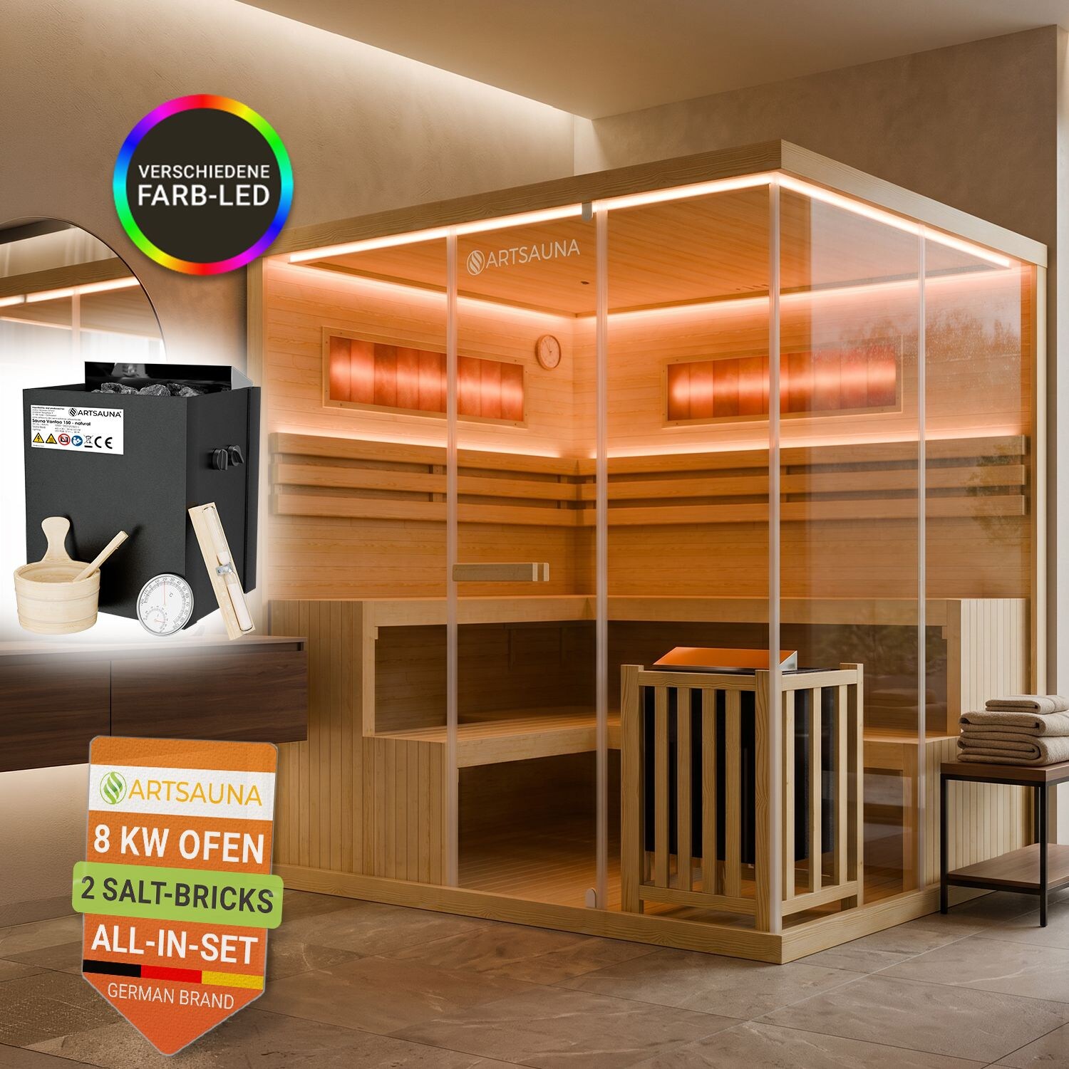 ARTSAUNA® Traditionelle Sauna Vantaa natur - moderne Indoorsauna für 6 Personen, Hemlock Holz, Sicherheitsglas, RGB LED Beleuchtung mit Fernbedienung, Saunaofen 8 kW