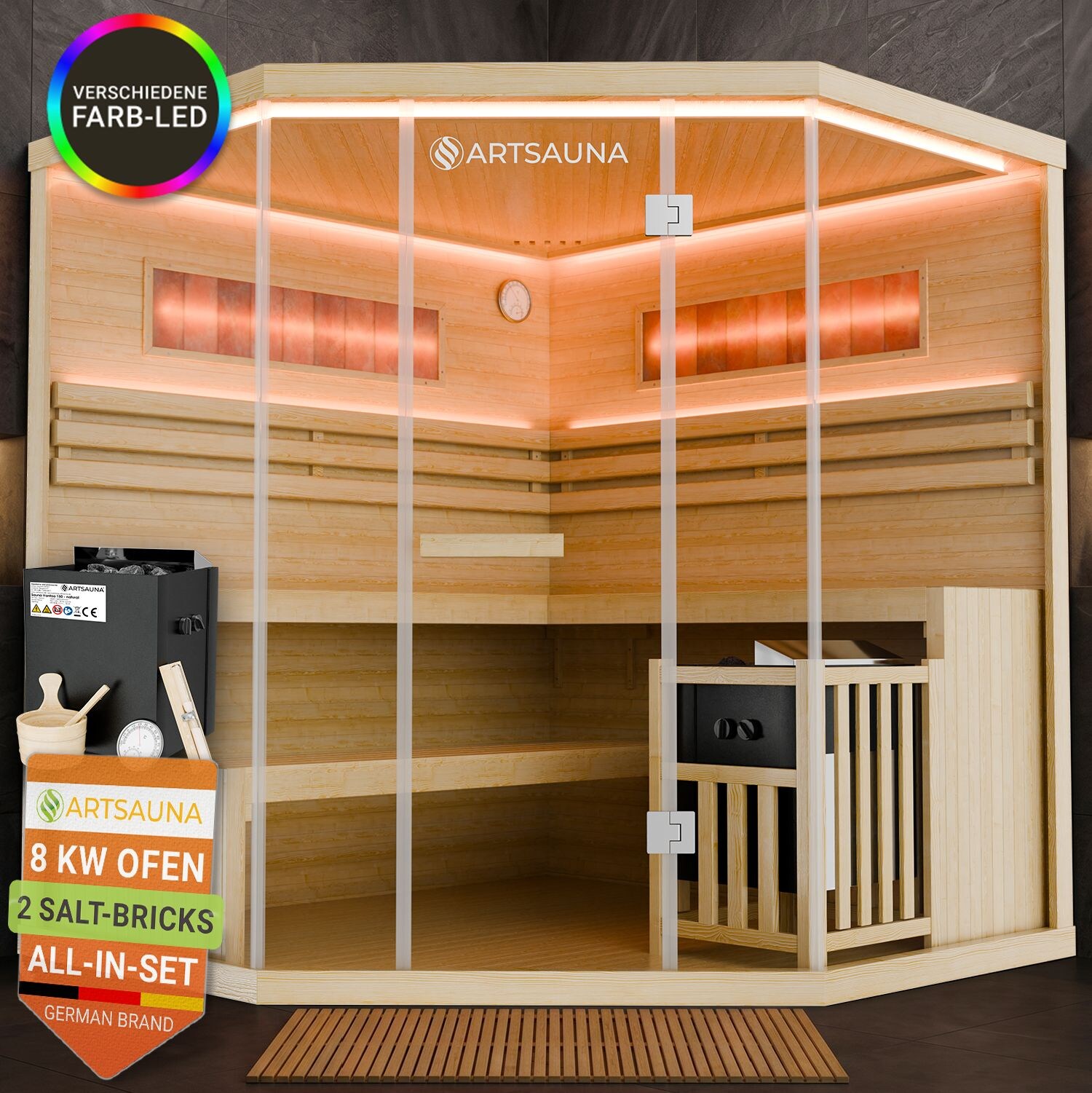 ARTSAUNA® Traditionelle Sauna Vantaa Natur - moderne Indoorsauna für 4 Personen, Hemlock Holz, Sicherheitsglas, RGB LED Beleuchtung mit Fernbedienung, Saunaofen 8 kW
