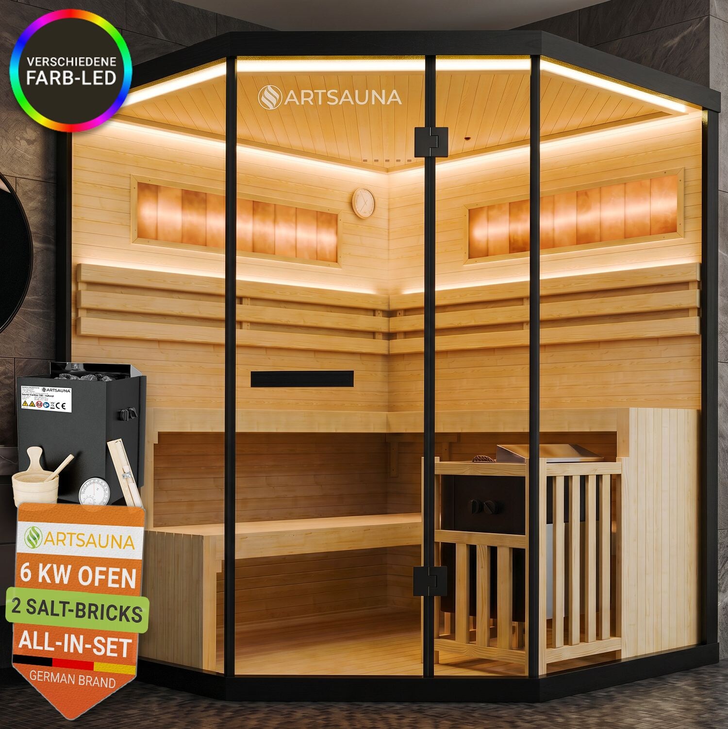 ARTSAUNA® Traditionelle Sauna Vantaa schwarz - moderne Indoorsauna für 3 Personen, Hemlock Holz, Sicherheitsglas, RGB LED Beleuchtung mit Fernbedienung, Saunaofen 6 kW