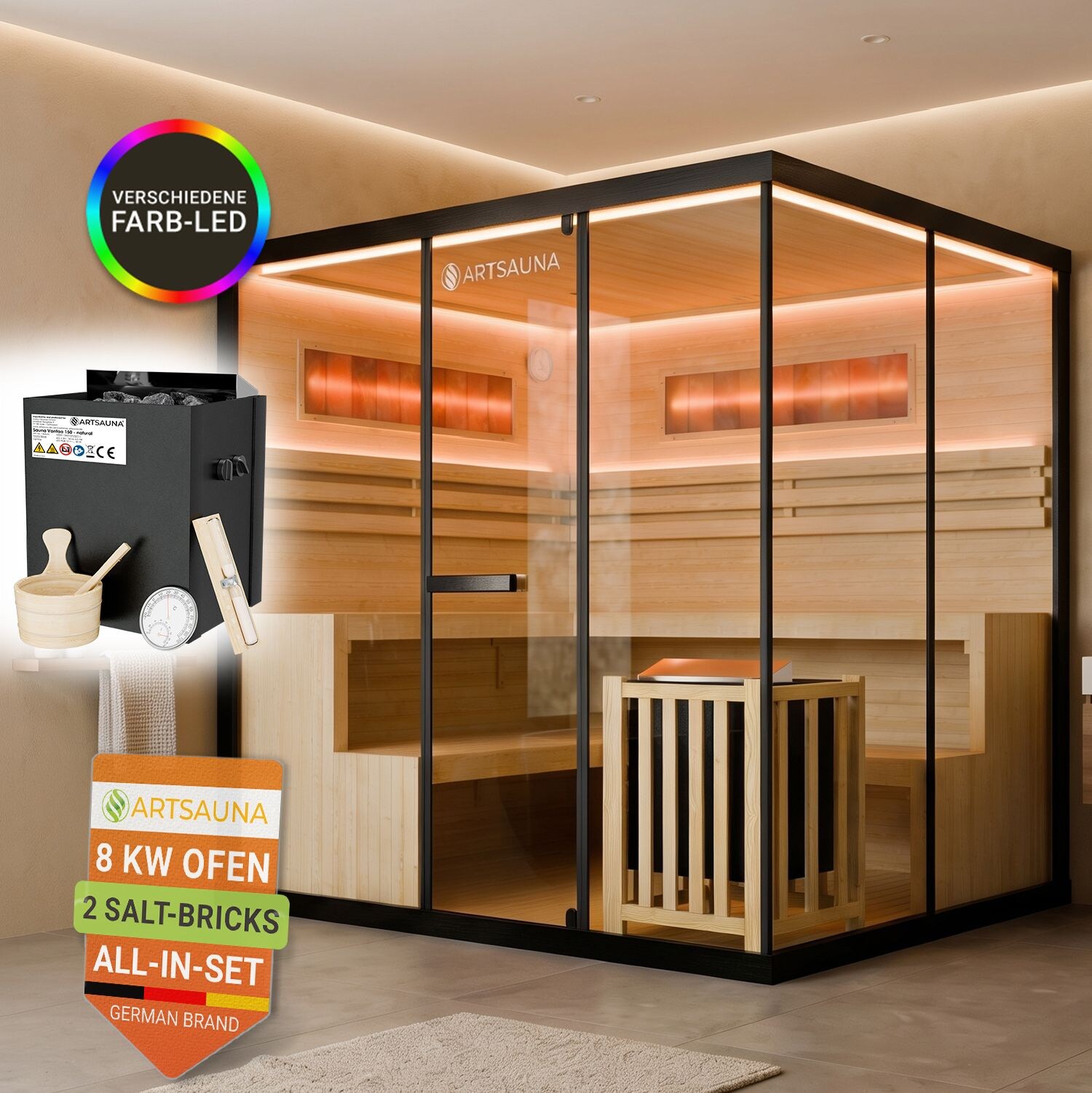 ARTSAUNA® Traditionelle Sauna Vantaa schwarz - moderne Indoorsauna für 6 Personen, Hemlock Holz, Sicherheitsglas, RGB LED Beleuchtung mit Fernbedienung, Saunaofen 8 kW
