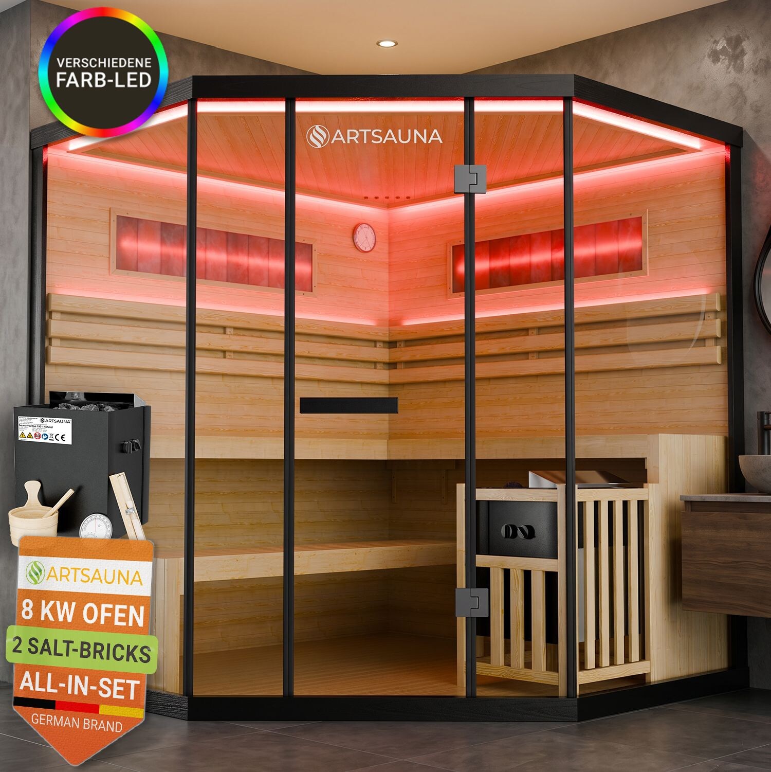 ARTSAUNA® Traditionelle Sauna Vantaa schwarz - moderne Indoorsauna für 4 Personen, Hemlock Holz, Sicherheitsglas, RGB LED Beleuchtung mit Fernbedienung, Saunaofen 8 kW