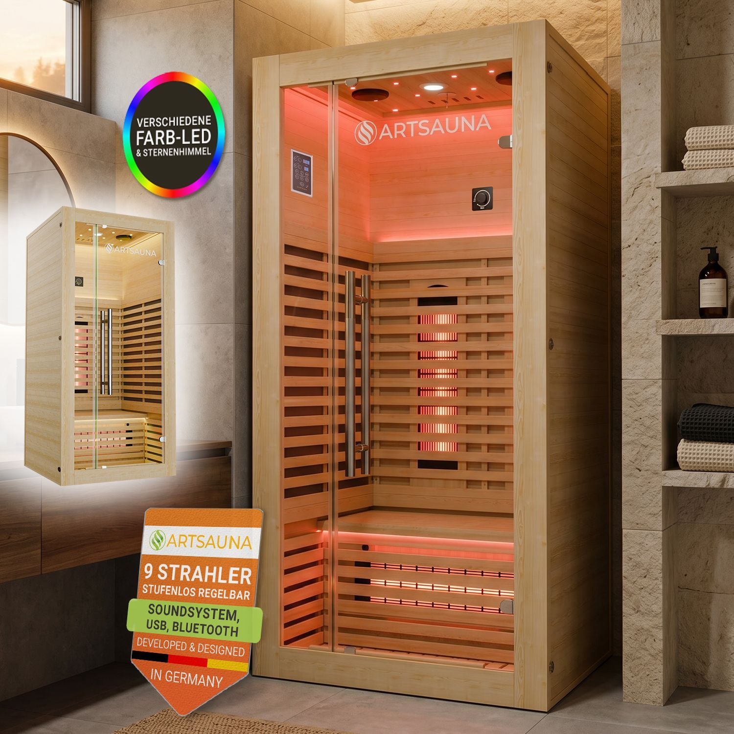 ARTSAUNA&reg; Infrarotkabine Trondheim90 Natur - Vollspektrumstrahler mit LED-Beleuchtung, Bluetooth Audio, App-Steuerung, 1705 W Leistung - Bild 1
