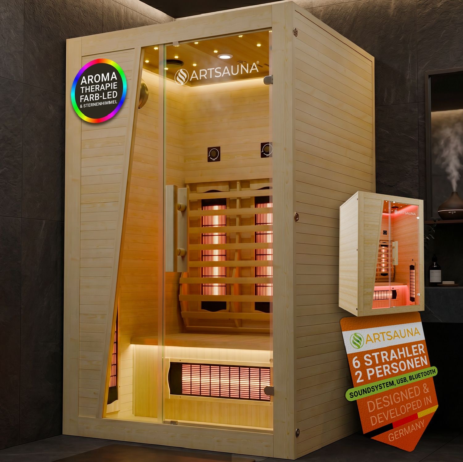ARTSAUNA&reg; Infrarotkabine Bergen115 natur - W&auml;rmekabine f&uuml;r 2 Personen, dimmbare Vollspektrumstrahler, LED Farblicht und App-Steuerung, 1800W - Bild 1