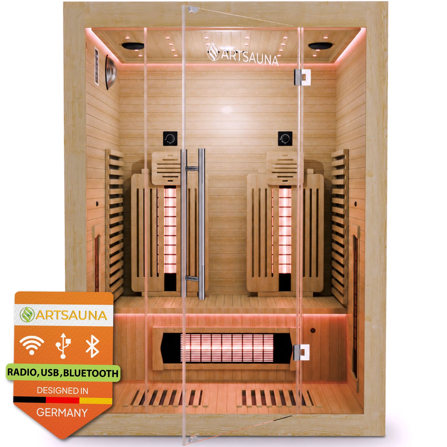 ARTSAUNA&reg; Infrarotkabine Aarhus140 Natur - Premium Hemlock-Holz, 5 Dual Vollspektrumstrahler mit Dimmer & Fl&auml;chenstrahler, LED Farblicht, 140x120x190 cm - Bild 1