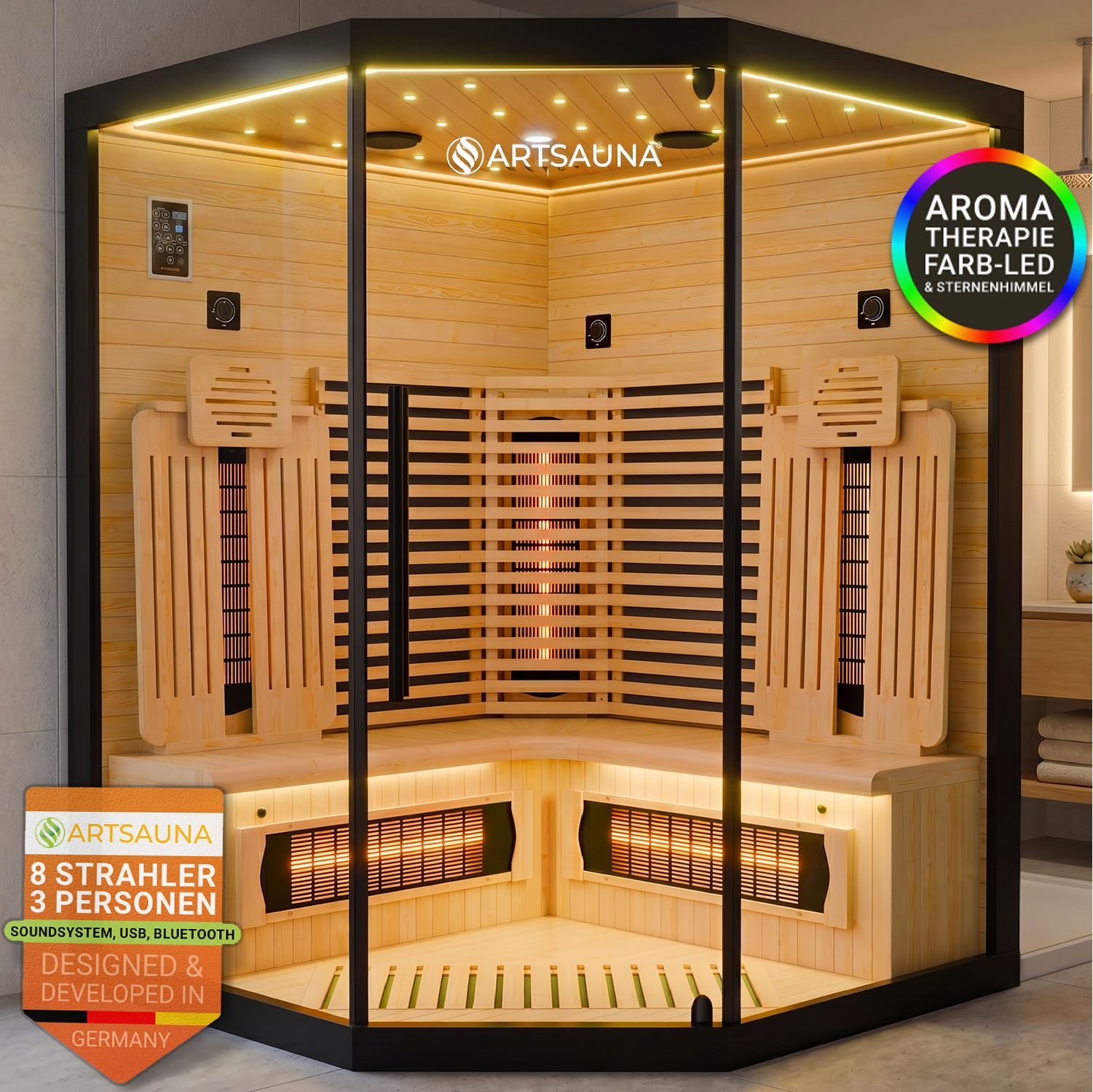 ARTSAUNA&reg; Infrarotkabine Malm&ouml;140 Schwarz - Hemlock Holz, Vollspektrumstrahler mit Dimmer, LED-Farblichttherapie, 3 Personen, 140x140x190 cm, 2530 W - Bild 1