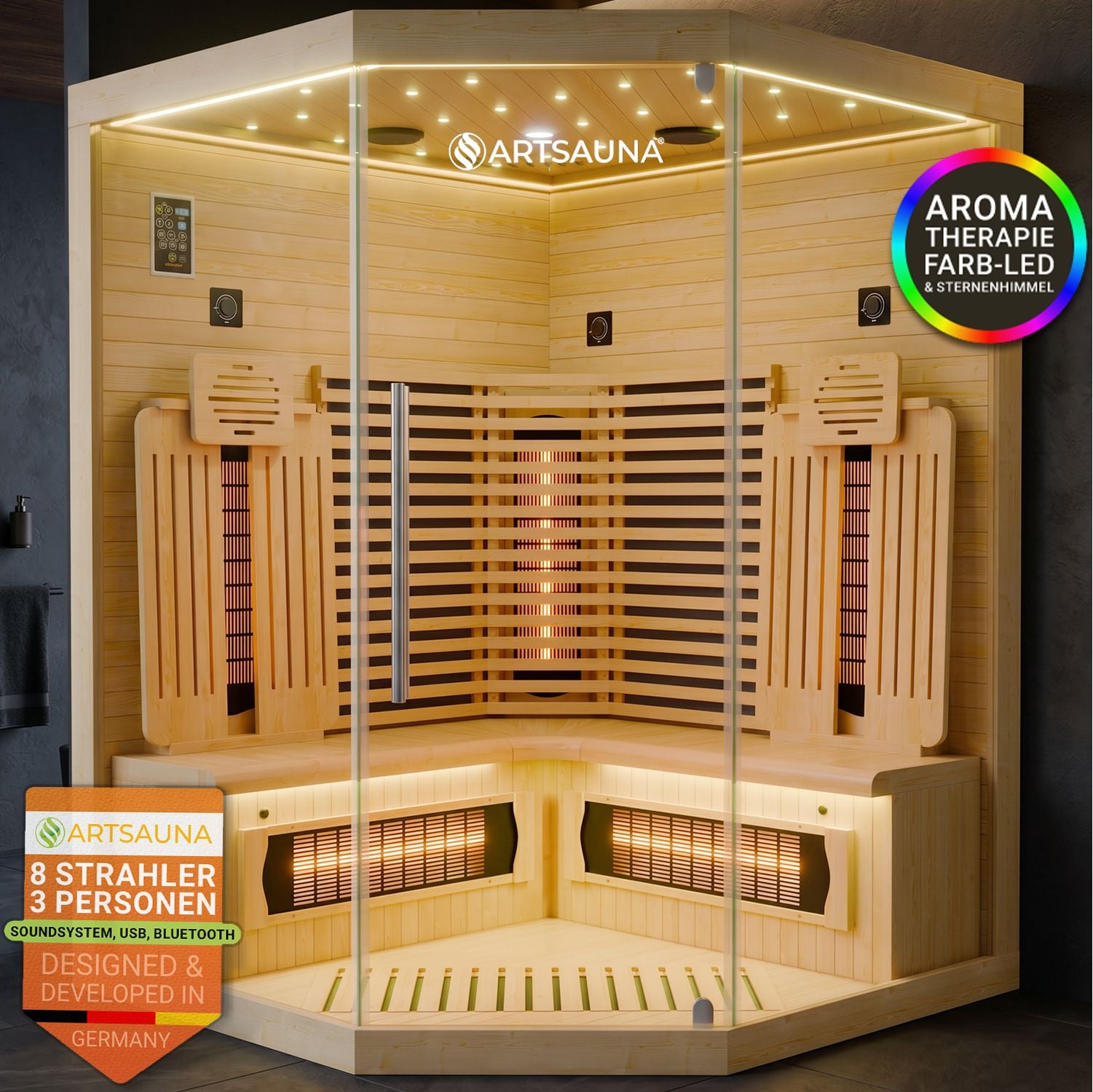 ARTSAUNA&reg; Infrarotkabine Malm&ouml;140 Natur - Hemlock Holz, Vollspektrumstrahler mit Dimmer, LED-Farblichttherapie, 3 Personen, 140x140x190 cm, 2530 W - Bild 1