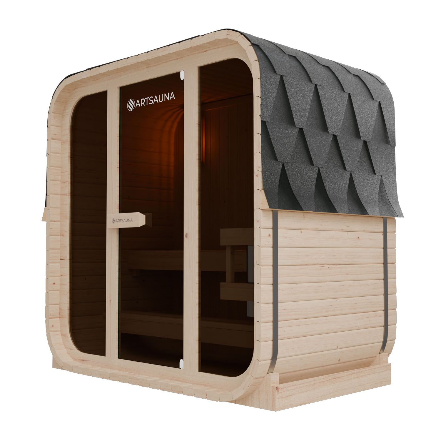 ARTSAUNA&reg; Cube Fasssauna Fjora M Natur - Panorama-Sicherheitsglas Front, komfortable Bank mit Trittstufen, 3,6 kW Ofen, Outdoor Sauna Komplettset f&uuml;r 3 Personen - Bild 1