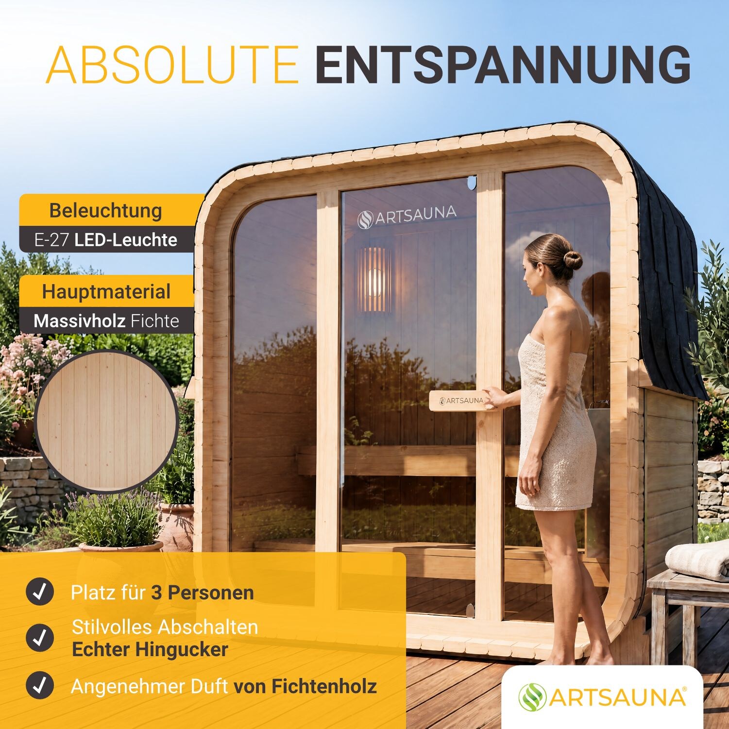 ARTSAUNA® Cube Fasssauna Fjora M Natur - Panorama-Sicherheitsglas Front, komfortable Bank mit Trittstufen, 3,6 kW Ofen, Outdoor Sauna Komplettset für 3 Personen