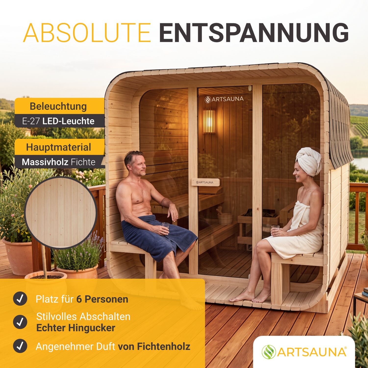 ARTSAUNA® Cube Fasssauna Fjora XL Natur - Panorama-Sicherheitsglas Front, komfortable Bank mit Trittstufen, 9 kW Ofen, Outdoor Sauna Komplettset für 6 Personen