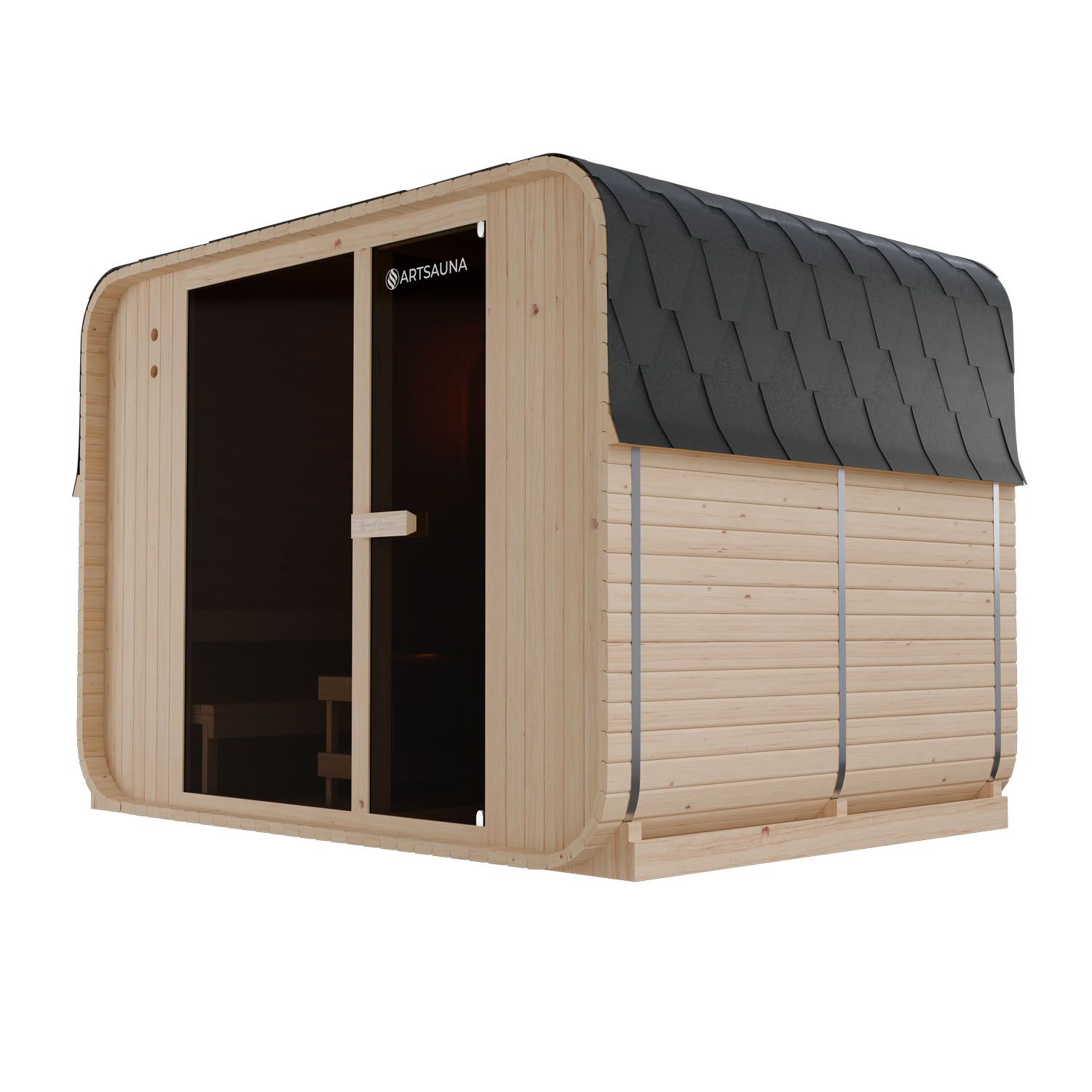 ARTSAUNA&reg; Cube Fasssauna Fjora XXL Natur - Panorama-Sicherheitsglas Front, komfortable Bank mit Trittstufen, 9 kW Ofen, Outdoor Sauna Komplettset f&uuml;r 6 Personen - Bild 1