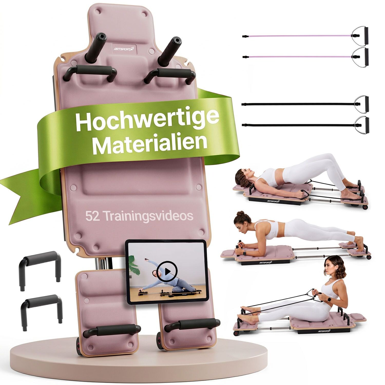 ARTSPORT® Pilates Reformer Board Movea in Rosa - Ganzkörper-Fitnessgerät mit 6 Trainingsbändern, Mini Reformer inkl. 52 x Trainingsvideos