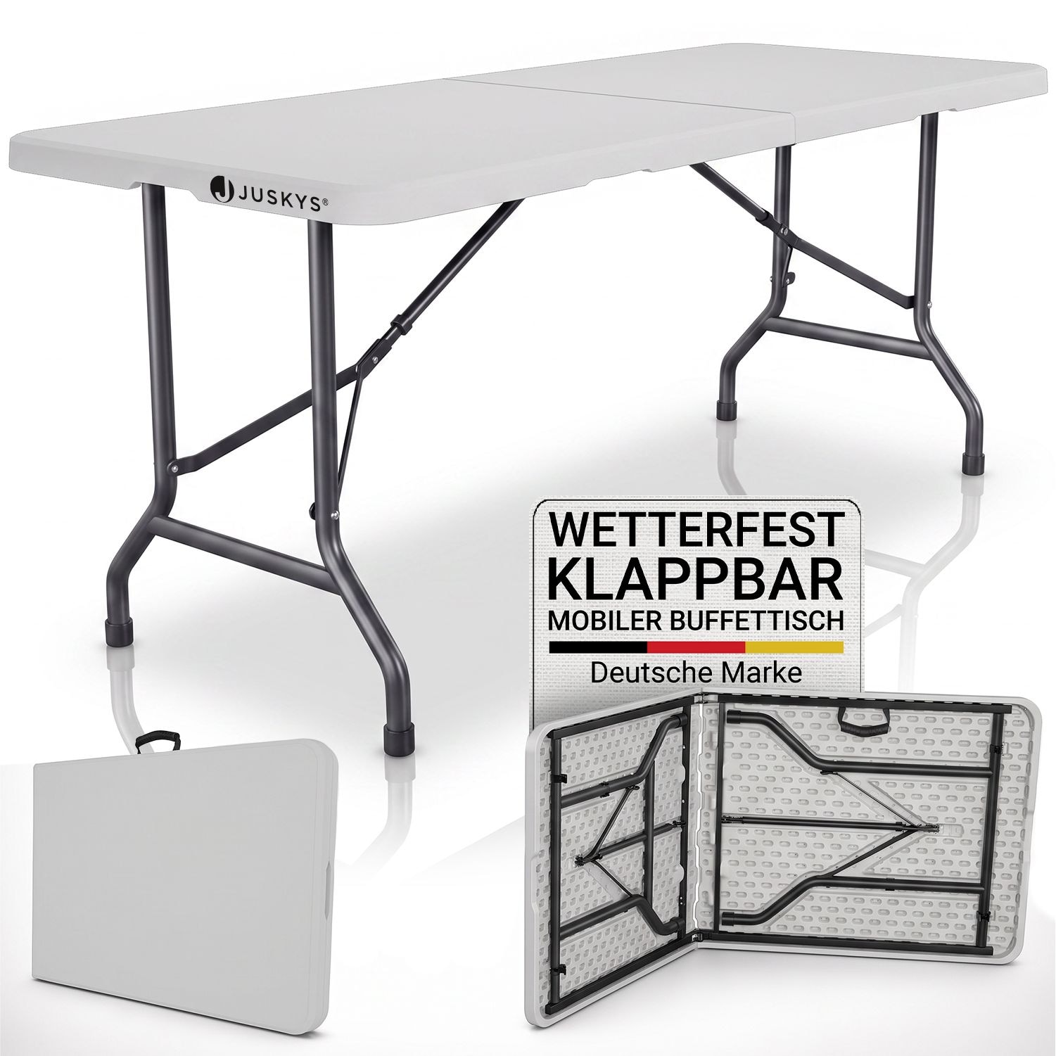 JUSKYS&reg; Klappbarer Gartentisch Easyfold Wei&szlig; - Klapptisch mit Tragegriff, stabiler multifunktionaler Buffettisch, 180x74x74 cm - Bild 1