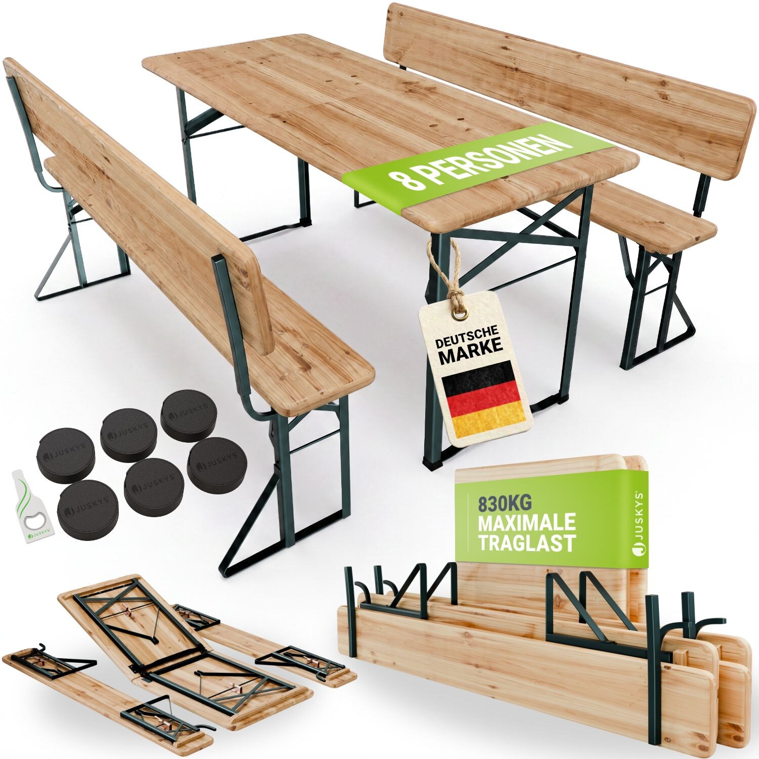 JUSKYS® Bierzeltgarnitur Kempten - Natur/Grün, klappbar mit ergonomischer Rückenlehne, wetterfeste Gartengarnitur, faltbar, inkl. 2 Bänke mit Tisch 170x70x75 cm
