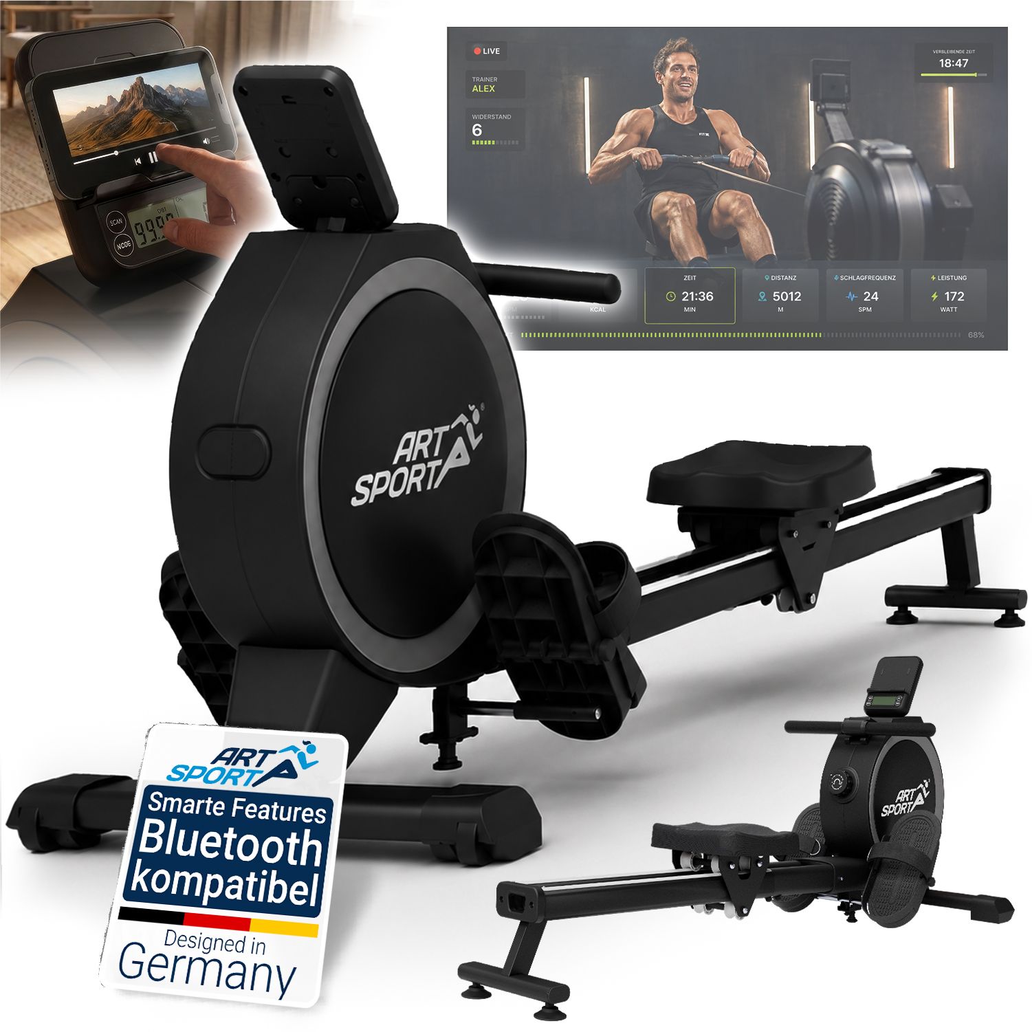 ARTSPORT&reg; Ruderger&auml;t RowMaster f&uuml;r Zuhause - schwarz, magnetisch 16 Stufen, ergonomischer Sitz, Handyhalterung, leicht und stabil bis 160 kg - Bild 1