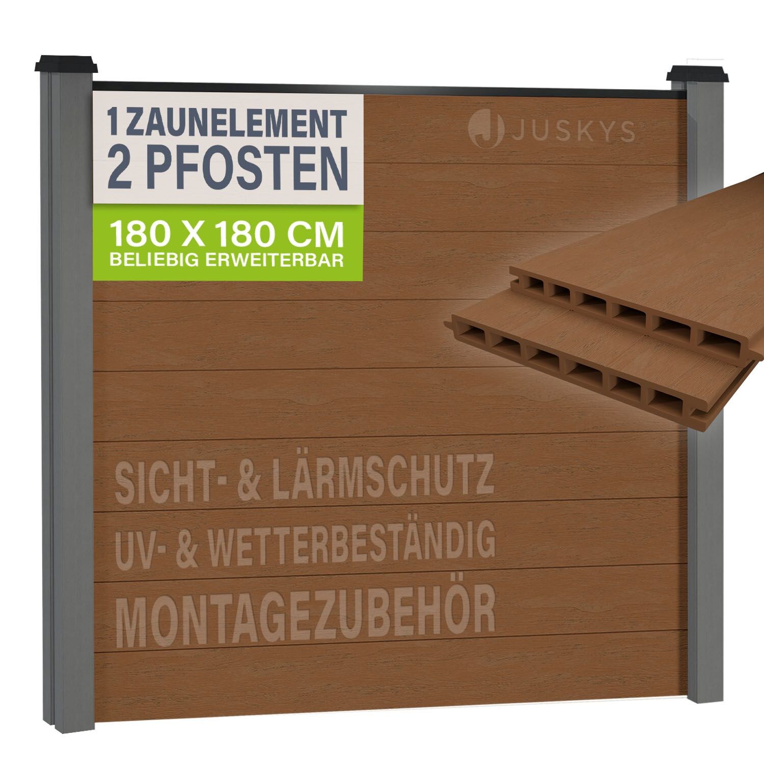 JUSKYS® WPC Sichtschutzzaun 1er Set - 1x Element + 2x Pfosten & Zubehör, Gartenset WPC- & Stahlkonstruktion, Teak / Grau