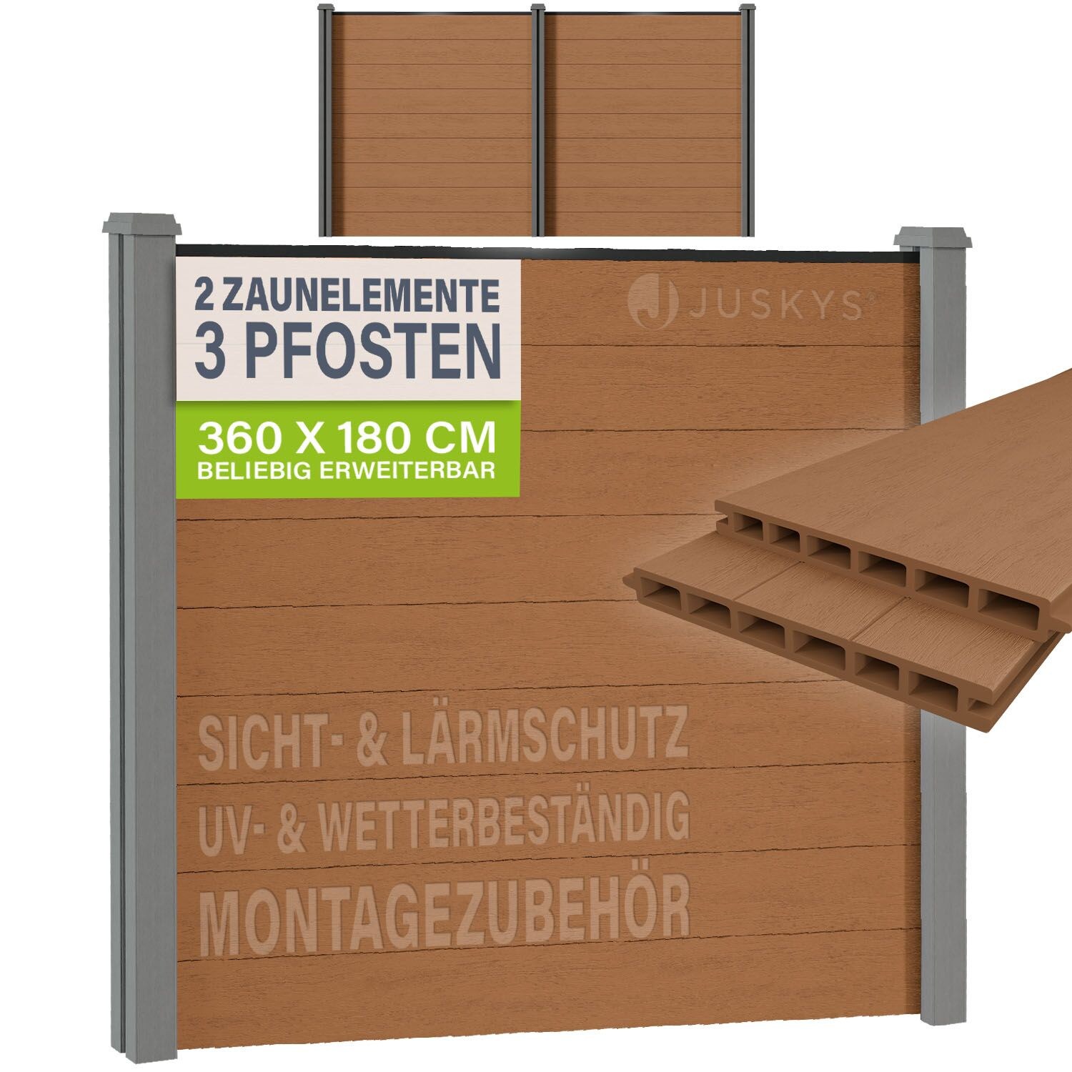 ® WPC Sichtschutzzaun 2er Set - 2x Element + 3x Pfosten & Zubehör, Gartenset WPC- & Stahlkonstruktion, Teak / Grau
