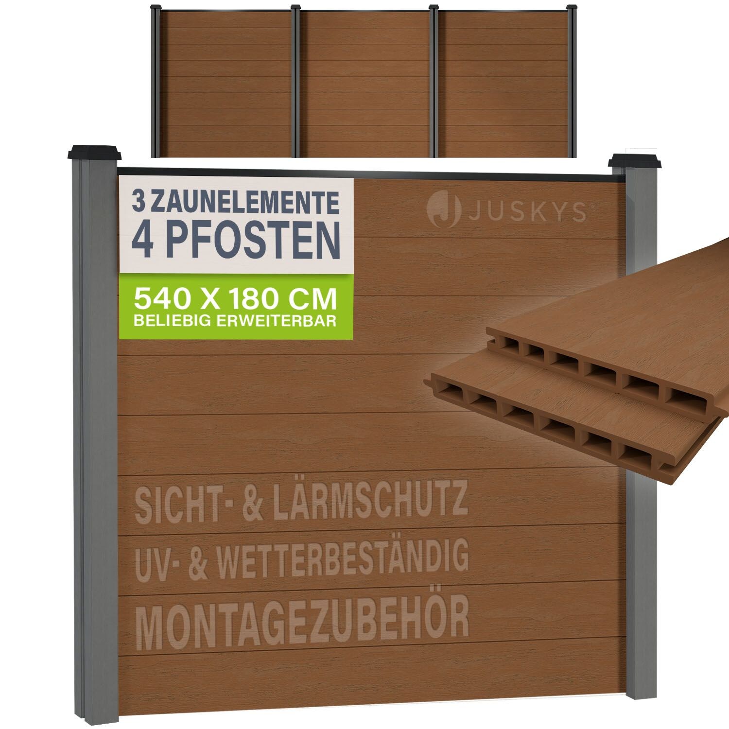 JUSKYS® WPC Sichtschutzzaun 3er Set - 3x Element + 4x Pfosten & Zubehör, Gartenset WPC- & Stahlkonstruktion, Anthrazit / Grau