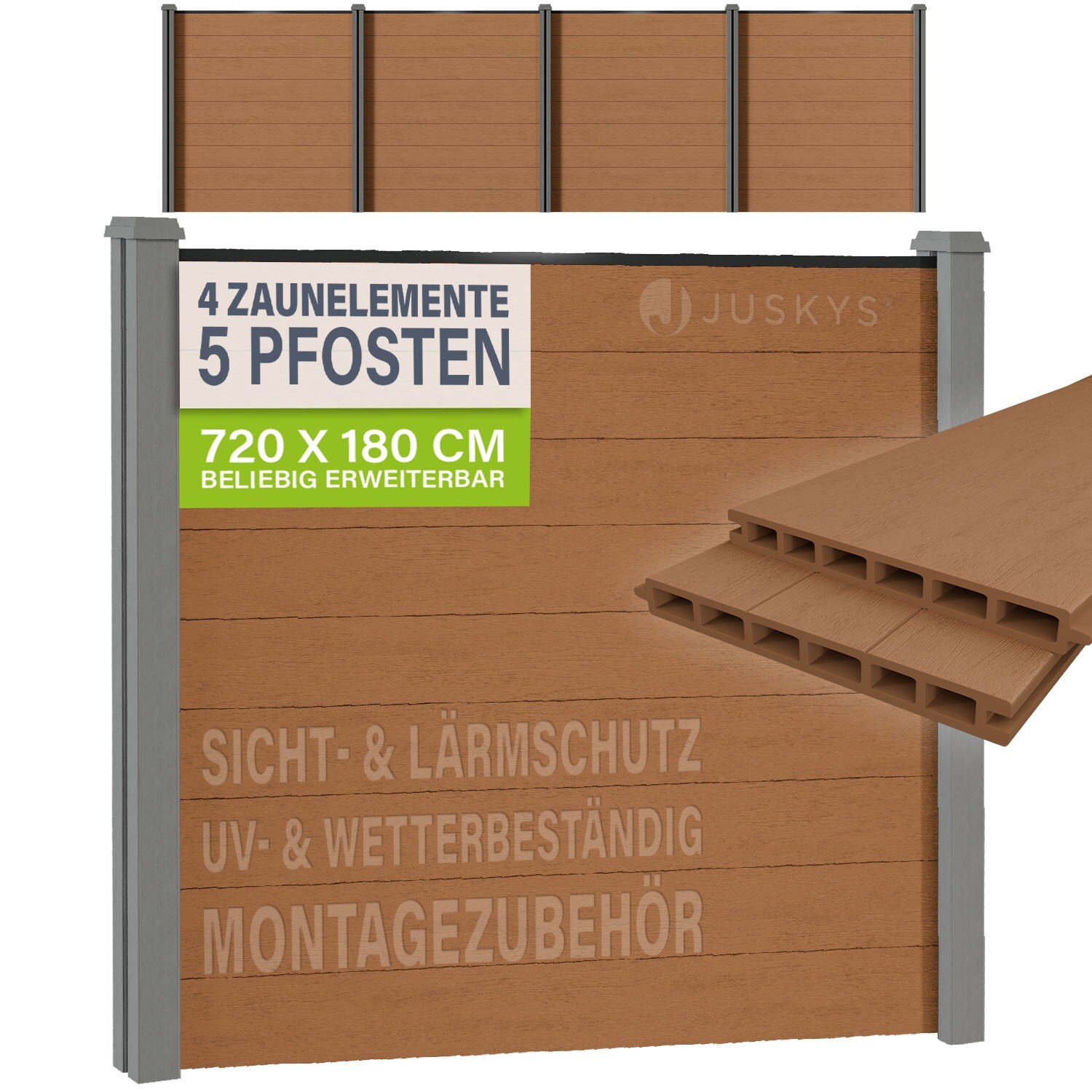 JUSKYS&reg; WPC Sichtschutzzaun 4er Set - 4x Element + 5x Pfosten & Zubeh&ouml;r, Gartenset WPC- & Stahlkonstruktion, Teak / Grau - Bild 1
