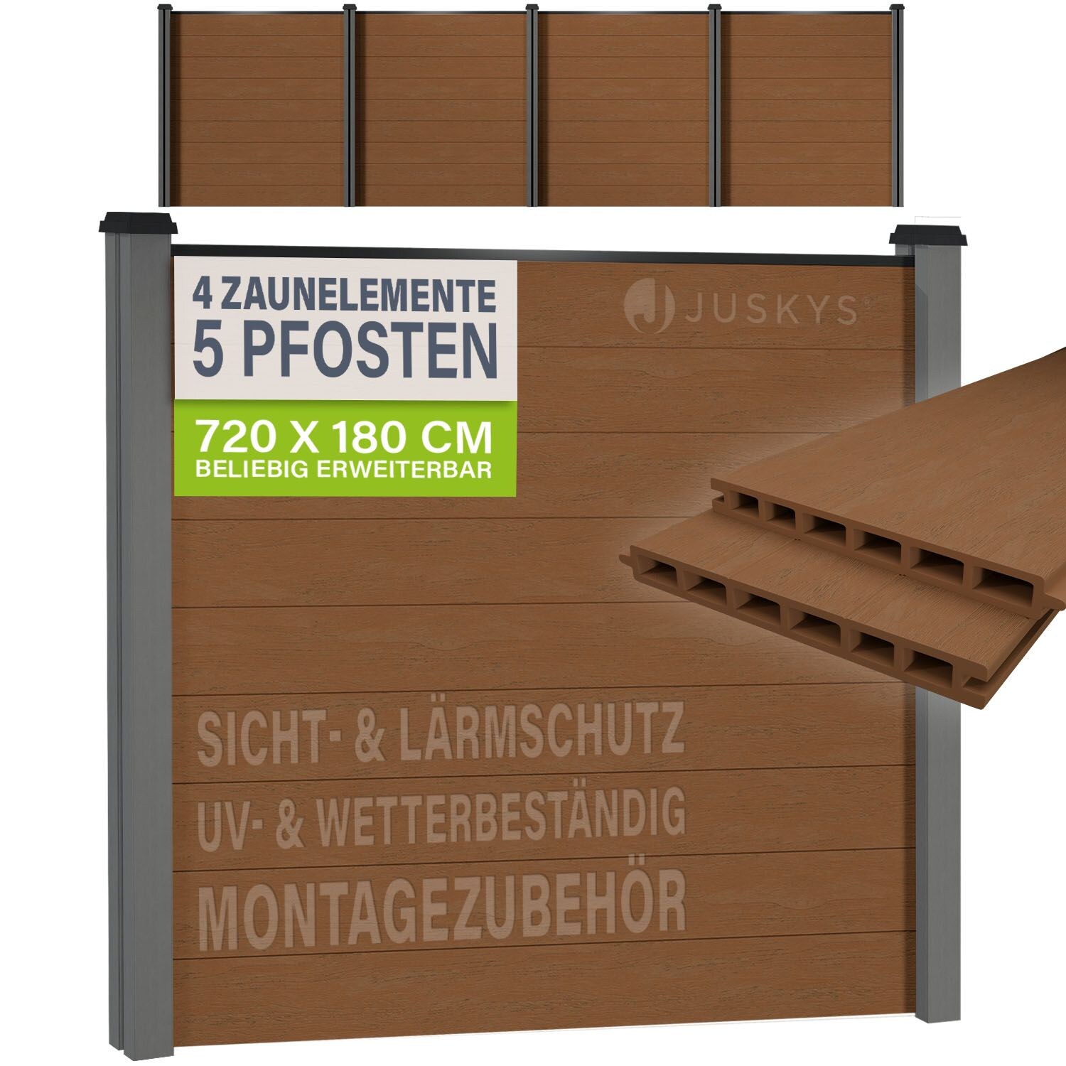 JUSKYS® WPC Sichtschutzzaun 4er Set - 4x Element + 5x Pfosten & Zubehör, Gartenset WPC- & Stahlkonstruktion, Teak / Grau