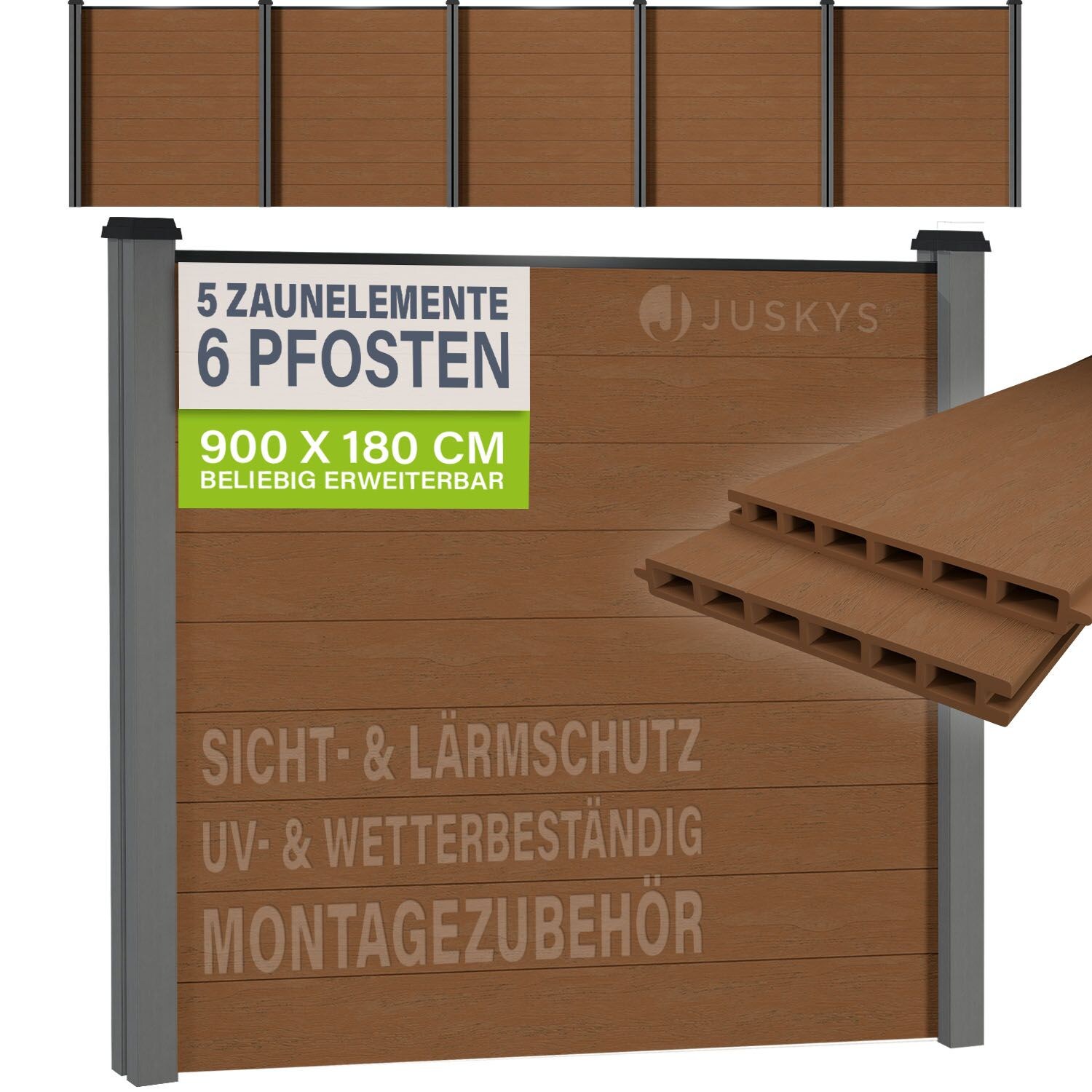 JUSKYS® WPC Sichtschutzzaun 5er Set - 5x Element + 6x Pfosten & Zubehör, Gartenset WPC- & Stahlkonstruktion, Teak / Grau
