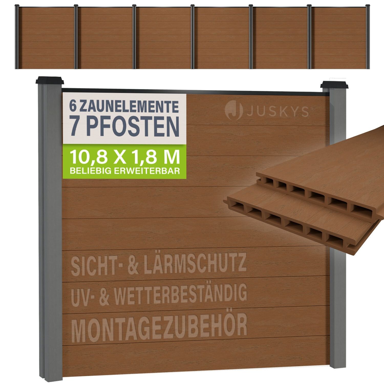 JUSKYS® WPC Sichtschutzzaun 6er Set - 6x Element + 7x Pfosten & Zubehör, Gartenset WPC- & Stahlkonstruktion, Teak / Grau
