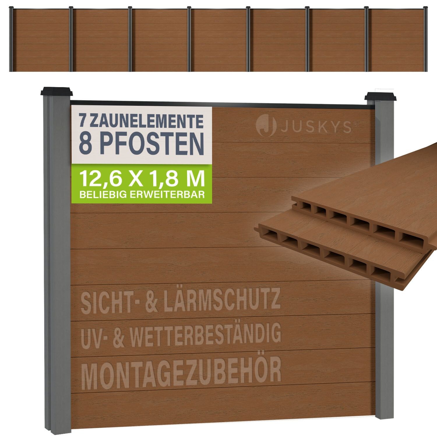 JUSKYS® WPC Sichtschutzzaun 7er Set - 7x Element + 8x Pfosten & Zubehör, Gartenset WPC- & Stahlkonstruktion, Anthrazit / Grau