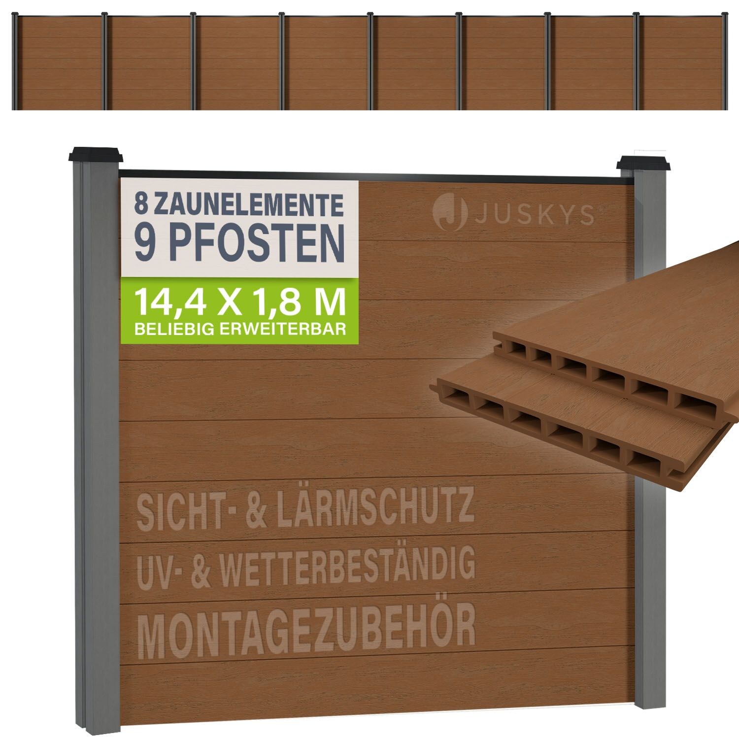 JUSKYS® WPC Sichtschutzzaun 8er Set - 8x Element + 9x Pfosten & Zubehör, Gartenset WPC- & Stahlkonstruktion, Anthrazit / Grau