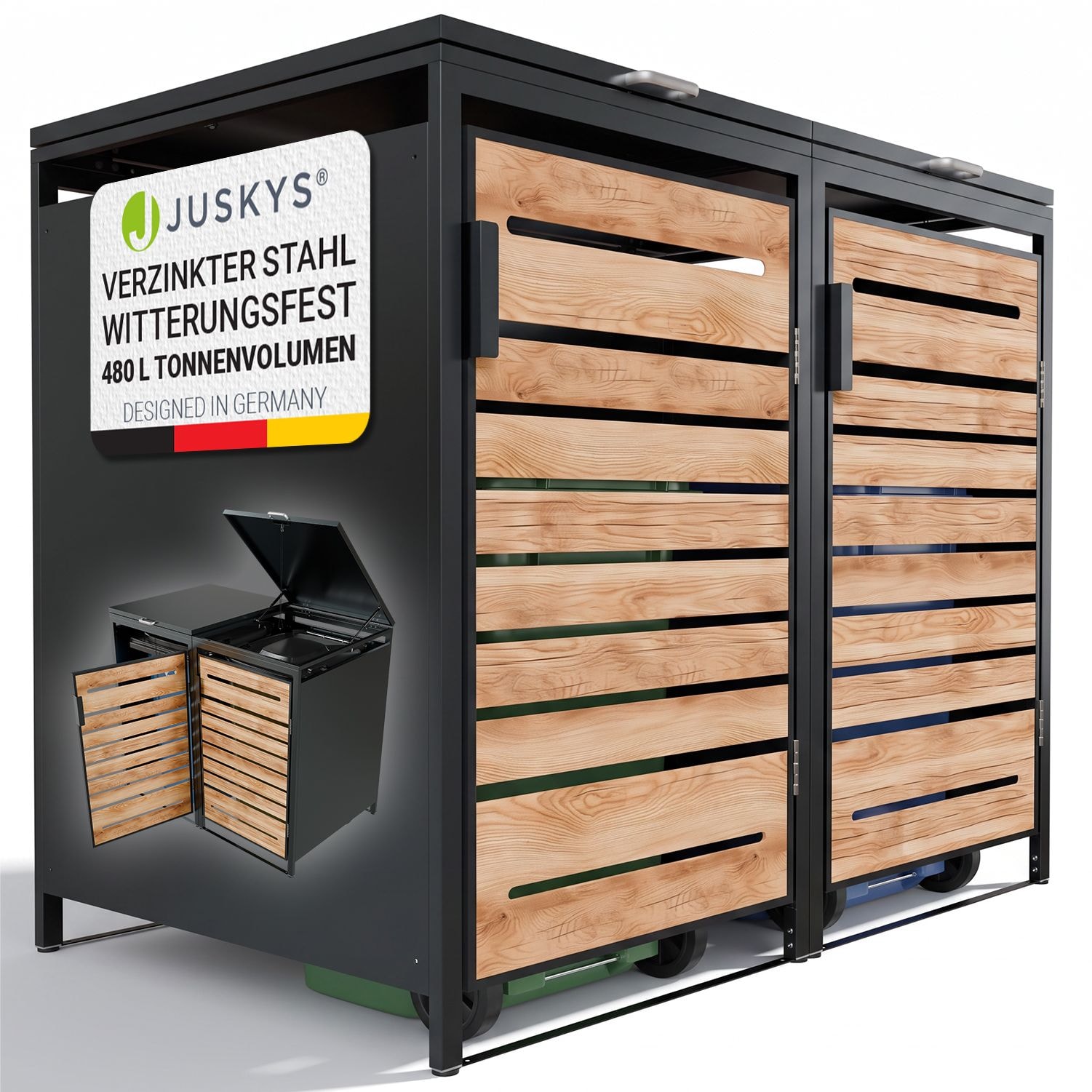 JUSKYS&reg; M&uuml;lltonnenbox Arel 2er - Metall Gartenbox f&uuml;r M&uuml;lltonnen - Aufbewahrungsbox Anthrazit in Holzoptik - Bild 1