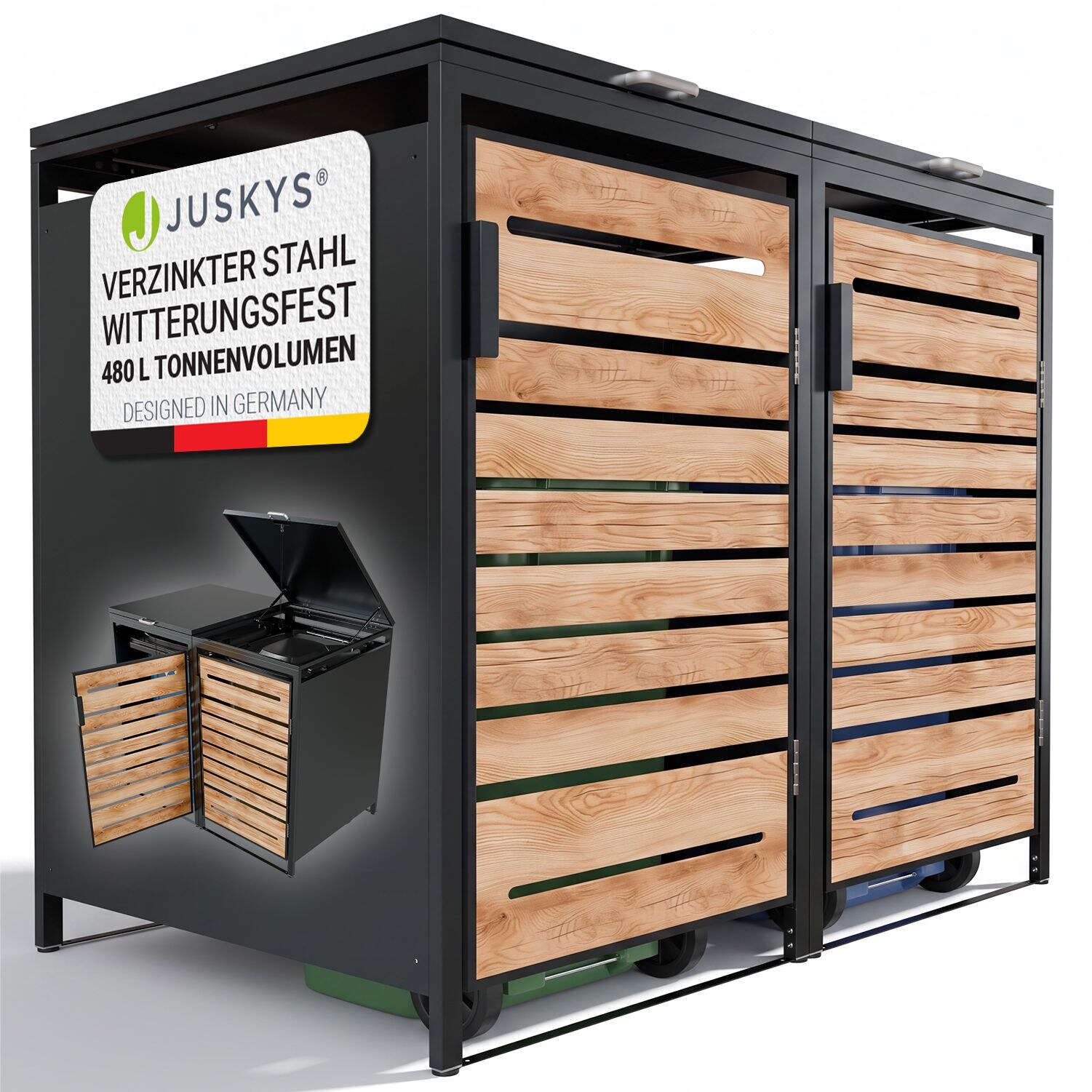 JUSKYS® Mülltonnenbox Arel 2er - Metall Gartenbox für Mülltonnen - Aufbewahrungsbox Anthrazit mit Holztür