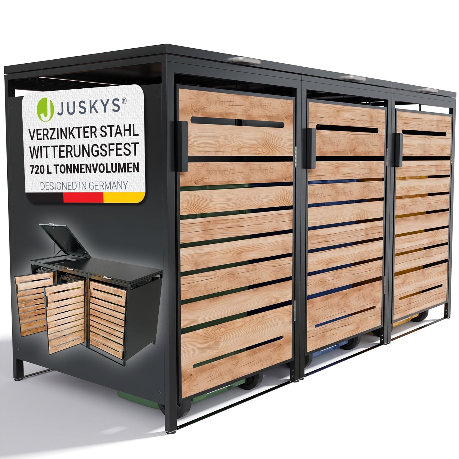 JUSKYS® Mülltonnenbox Arel 3er - Metall Gartenbox für 120l bzw. 240l Mülltonnen - Aufbewahrungsbox mit Gasdruckfeder - Anthrazit mit Holztür