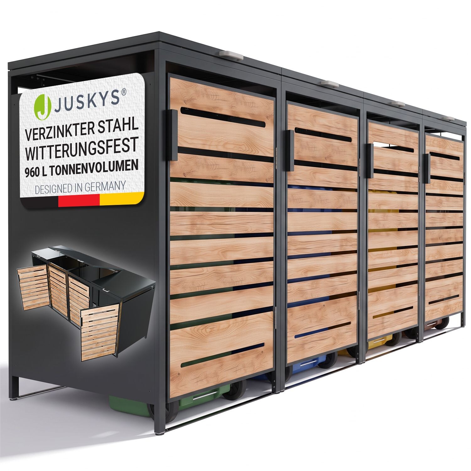 JUSKYS® Mülltonnenbox Arel 4er - Metall Gartenbox für 120l bzw. 240l Mülltonnen - Aufbewahrungsbox mit Gasdruckfeder - Anthrazit mit Holztür