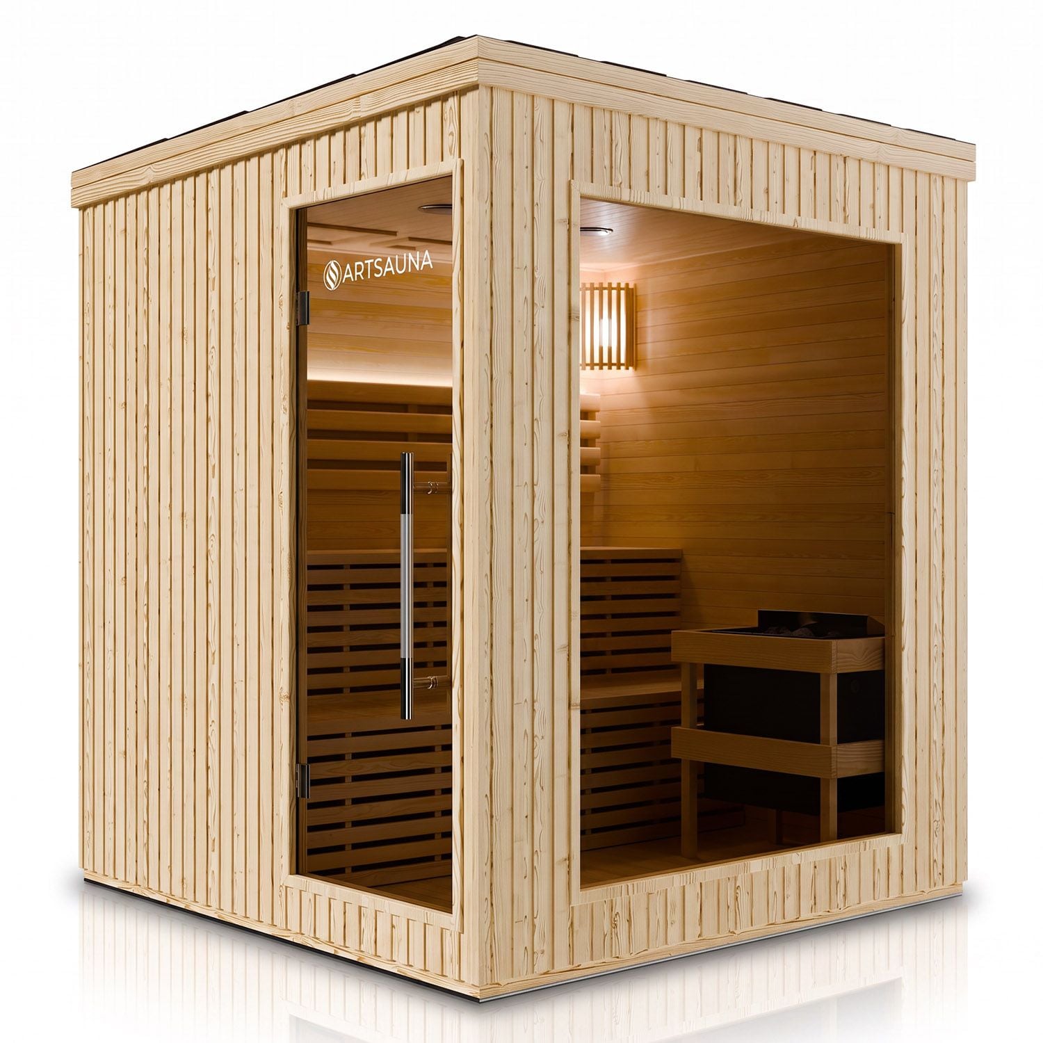 ARTSAUNA&reg; Outdoor Sauna Visby180 aus WPC in Natur, 9 kW Saunaofen, LED-Beleuchtung, Bluetooth, Hemlock, Soundsystem, Zweistufige Bank, Saunakabine f&uuml;r 4-6 Personen - Bild 1