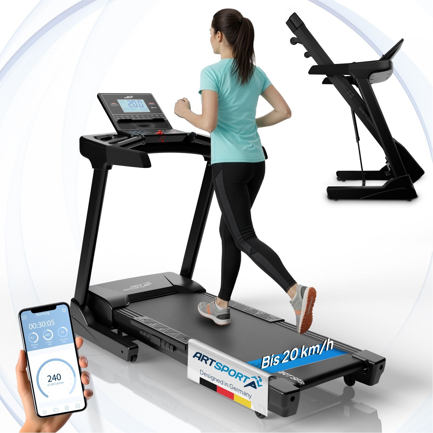 ArtSport Laufband Speedrunner 6000, 20 km/h elektrisch, klappbar mit App & MP3 – Schwarz | 04260304762196