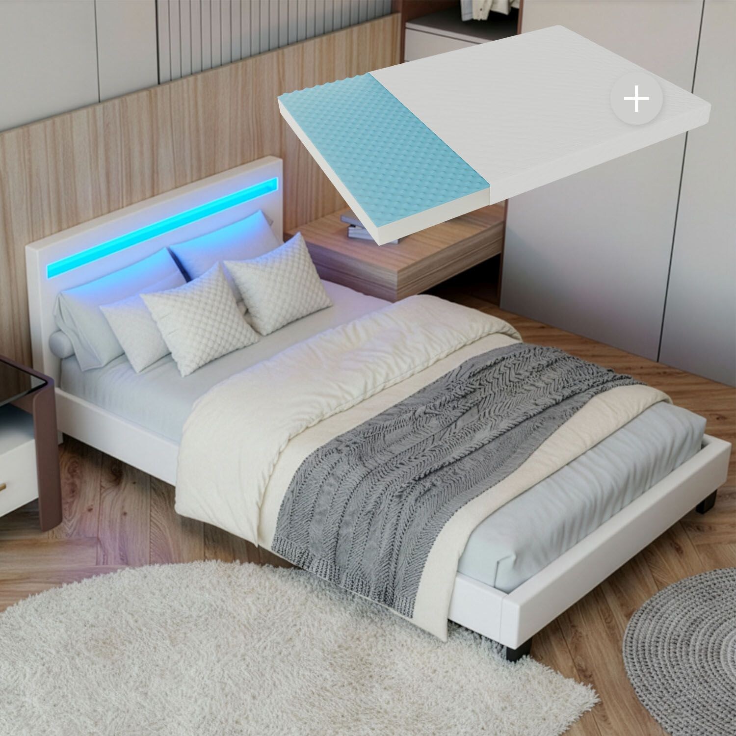 Juskys Polsterbett Paris 90×200 cm weiß mit Matratze – Einzelbett + LED-Beleuchtung & Lattenrost | 04260565525042