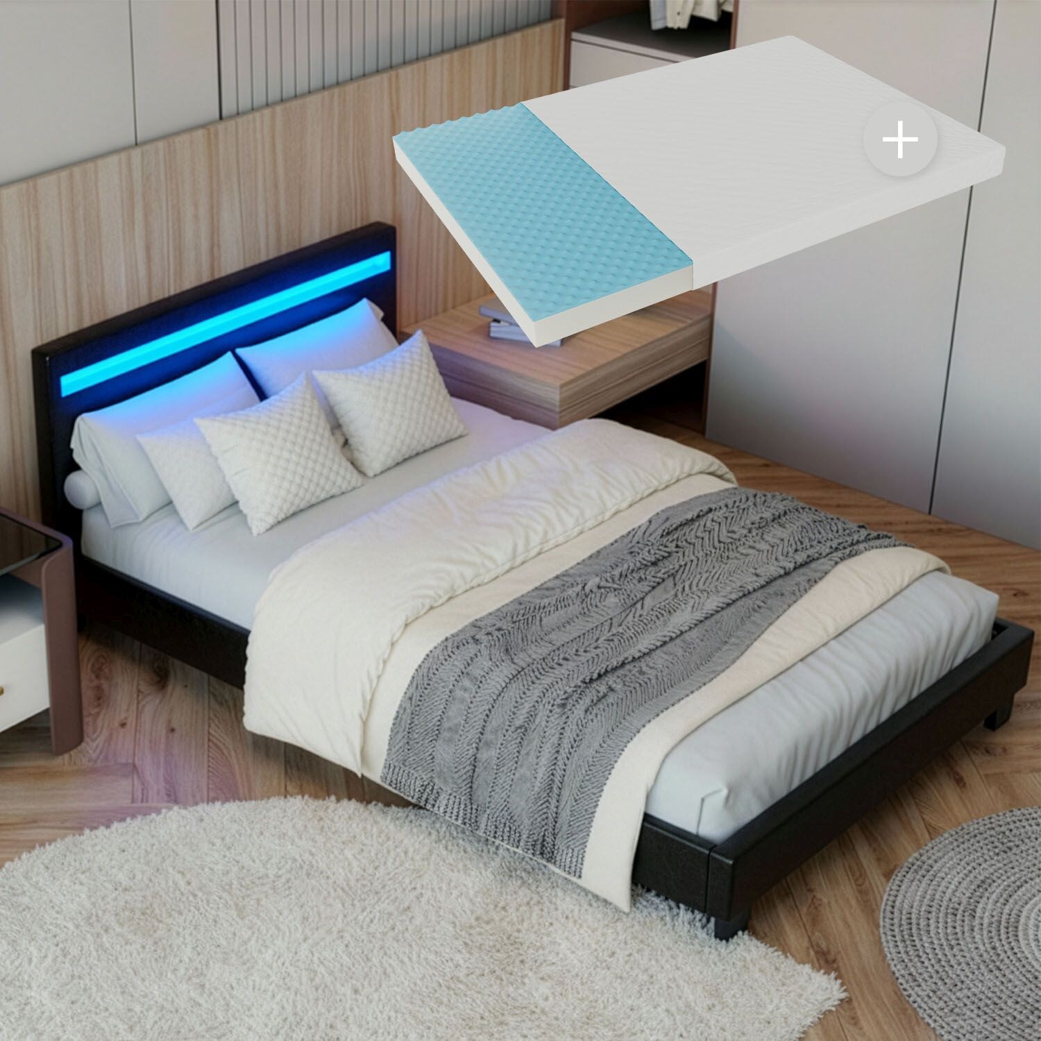 Juskys Polsterbett Paris 90×200 cm schwarz mit Matratze – Einzelbett + LED-Beleuchtung & Lattenrost | 04260565525059