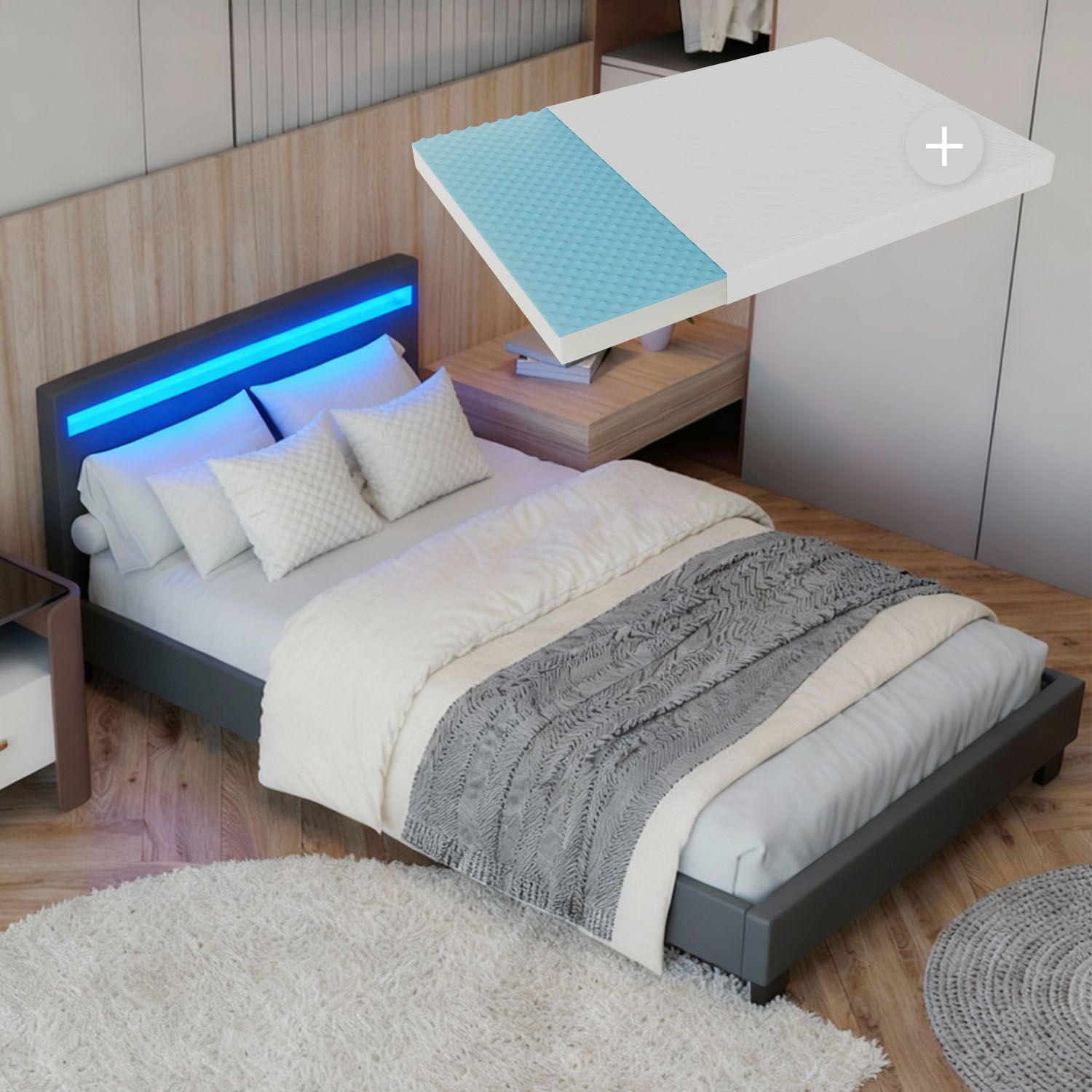 Juskys Polsterbett Paris 90x200 cm grau mit Matratze &ndash; Einzelbett + LED-Beleuchtung & Lattenrost - Bild 1