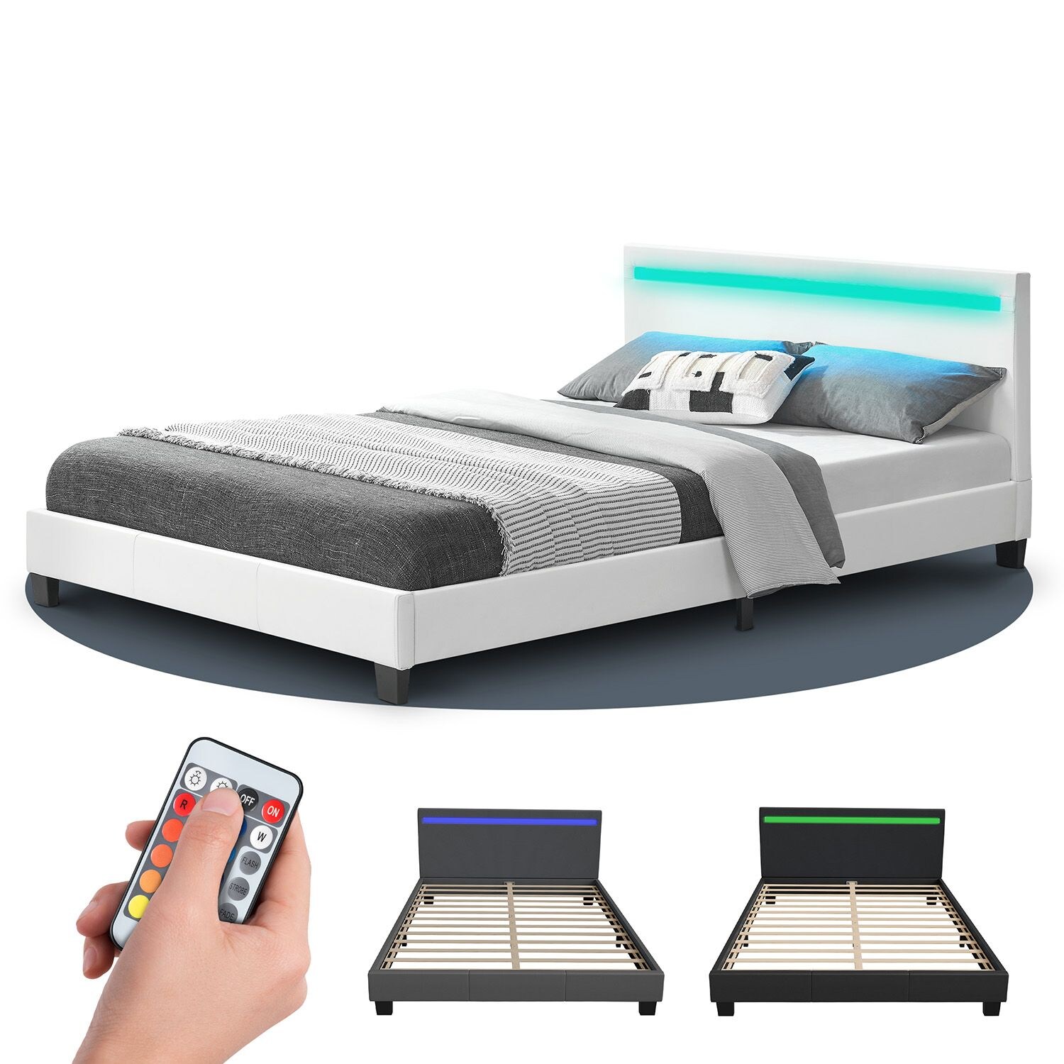 Juskys Polsterbett Paris 140 x 200 cm weiß – Bett mit LED Beleuchtung, Lattenrost & Kopfteil | 04260304762912