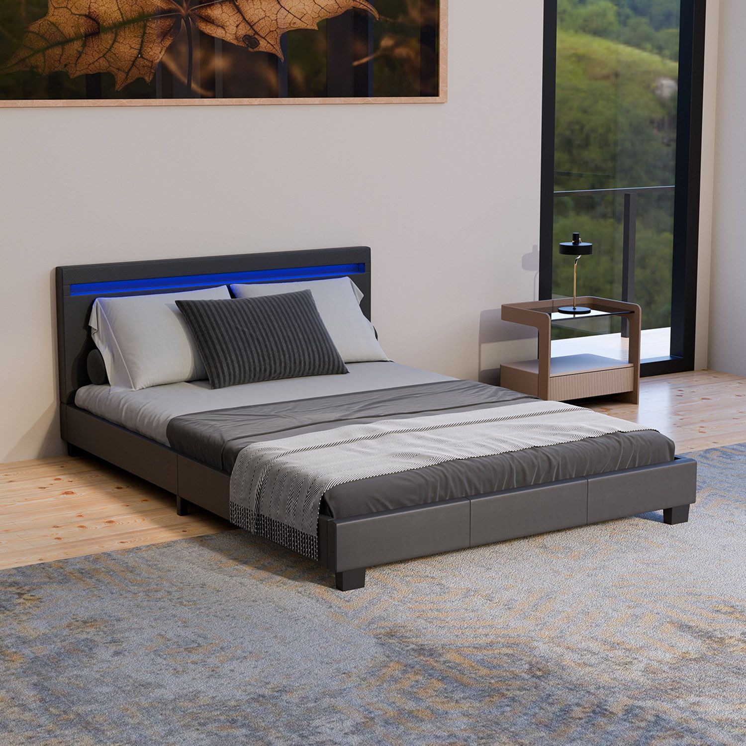 Juskys Polsterbett Paris 140 x 200 cm schwarz &ndash; Bett mit LED Beleuchtung, Lattenrost & Kopfteil - Bild 1